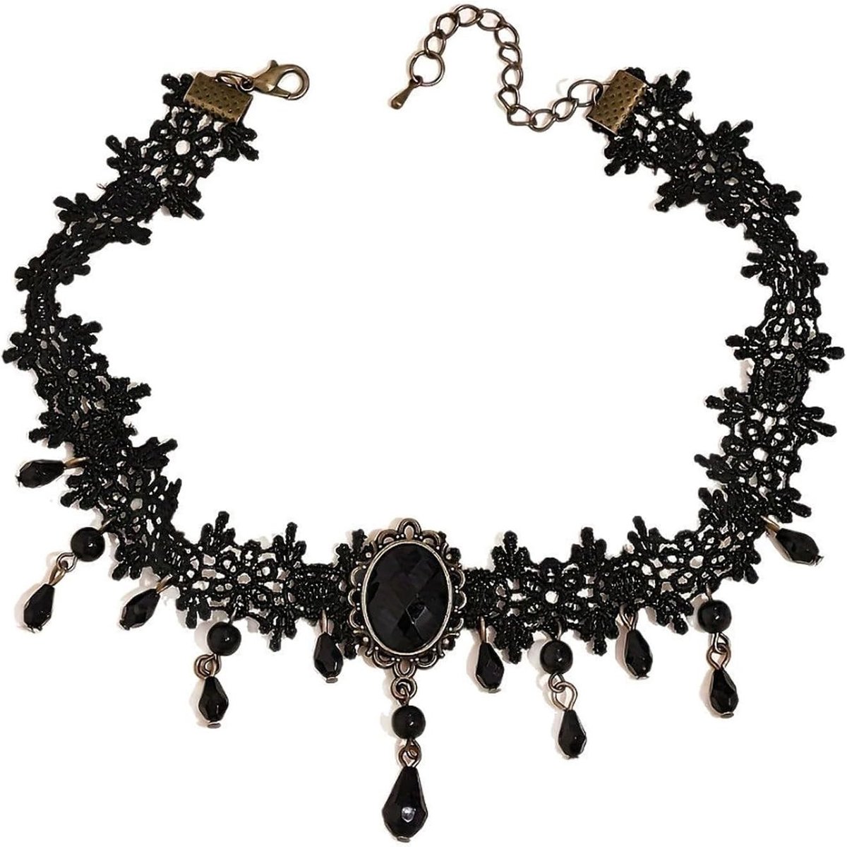 Gepersonaliseerde zwarte choker halsketting met kant en bloemenmotief voor vrouwen, gothic en steampunk stijl met kristallen, verstelbaar en uniek design