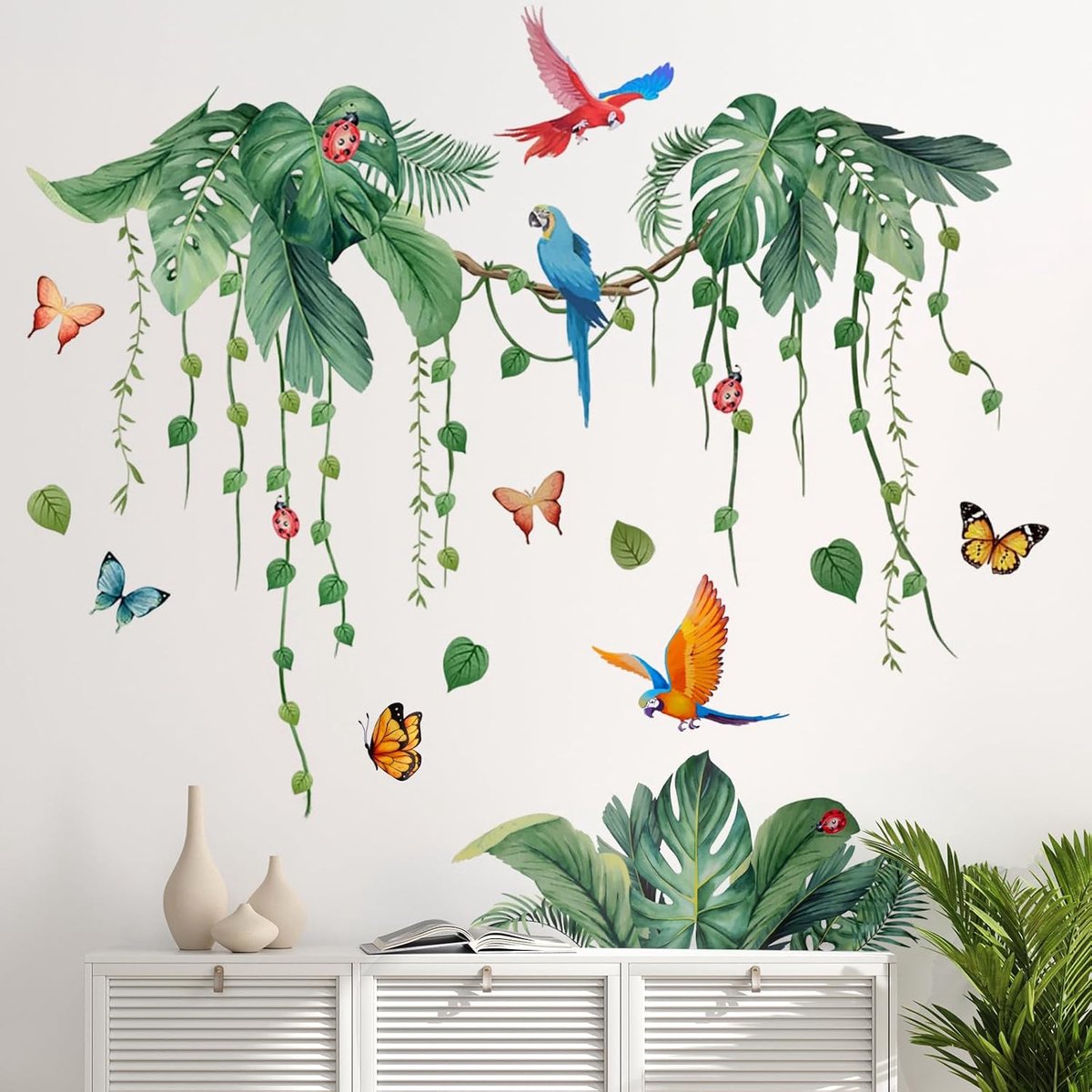 Muursticker jungle 79x90 cm - tropische bladeren - met papegaaien en vlinders - sfeervolle wanddecoratie - ShopVlot