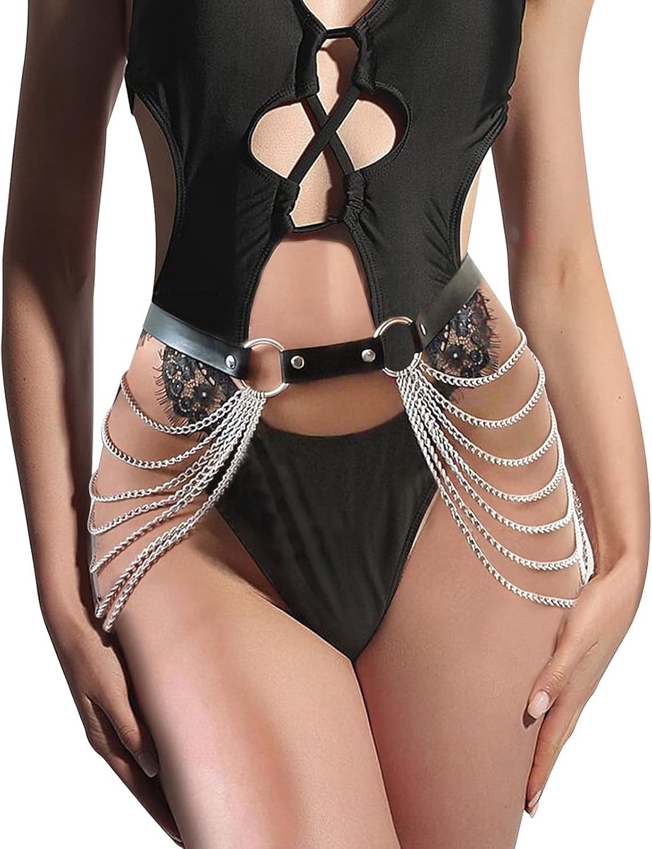 Punk leren tailleband - zwart met zilveren ketting - sexy goth accessoires - perfect voor feesten - ShopVlot