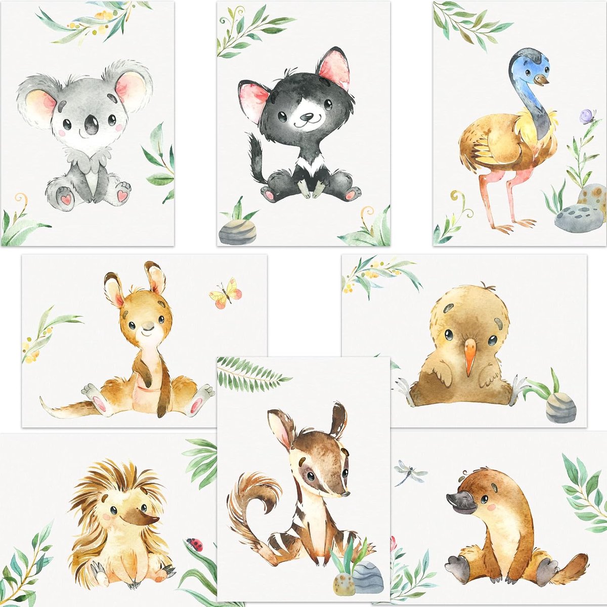 Dierenposter set voor baby's - DIN A5 - 8 schattige illustraties - perfecte wanddecoratie voor kinderkamer - ShopVlot