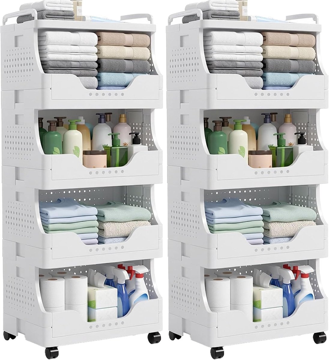 Opvouwbare rolwagen 4 niveaus - wit set van 2 - kunststof - ruimtebesparend design voor keuken en kantoor - ShopVlot