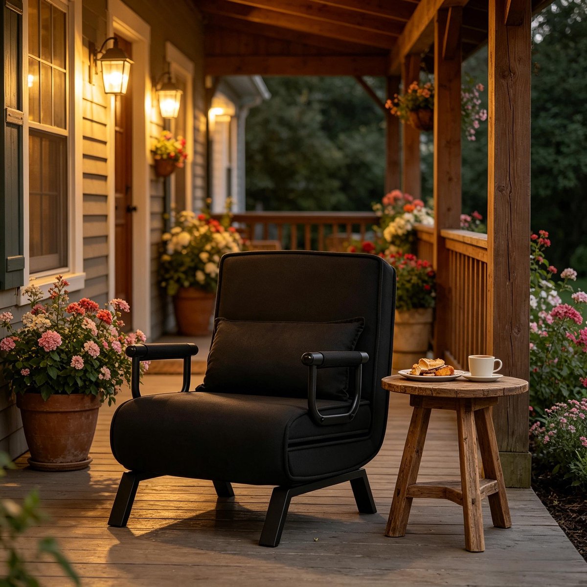 OKWISH Fauteuil 65 x 78 x 75 cm - 3-in-1 Uitklapbare Slaapstoel Met 5-Standen Rugleuning - Voor Woonkamer Of Slaapkamer - Linnen En Metaal - Zwart