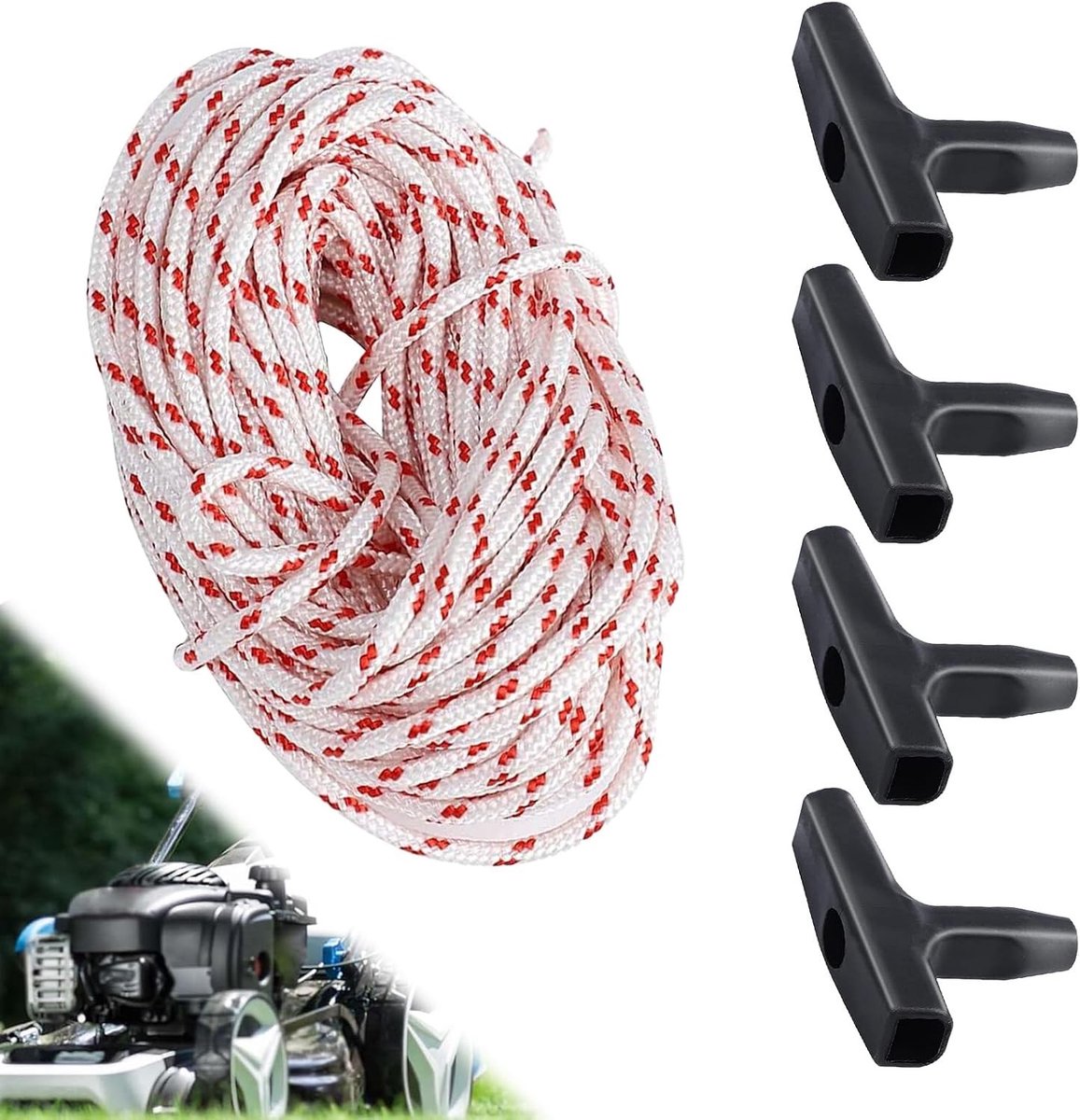 Startertouw voor grasmaaier en tuingereedschap, 10 meter, diameter 4 mm, met 4 startgrepen, ideaal voor trimmers, kettingzagen en bosmaaiers