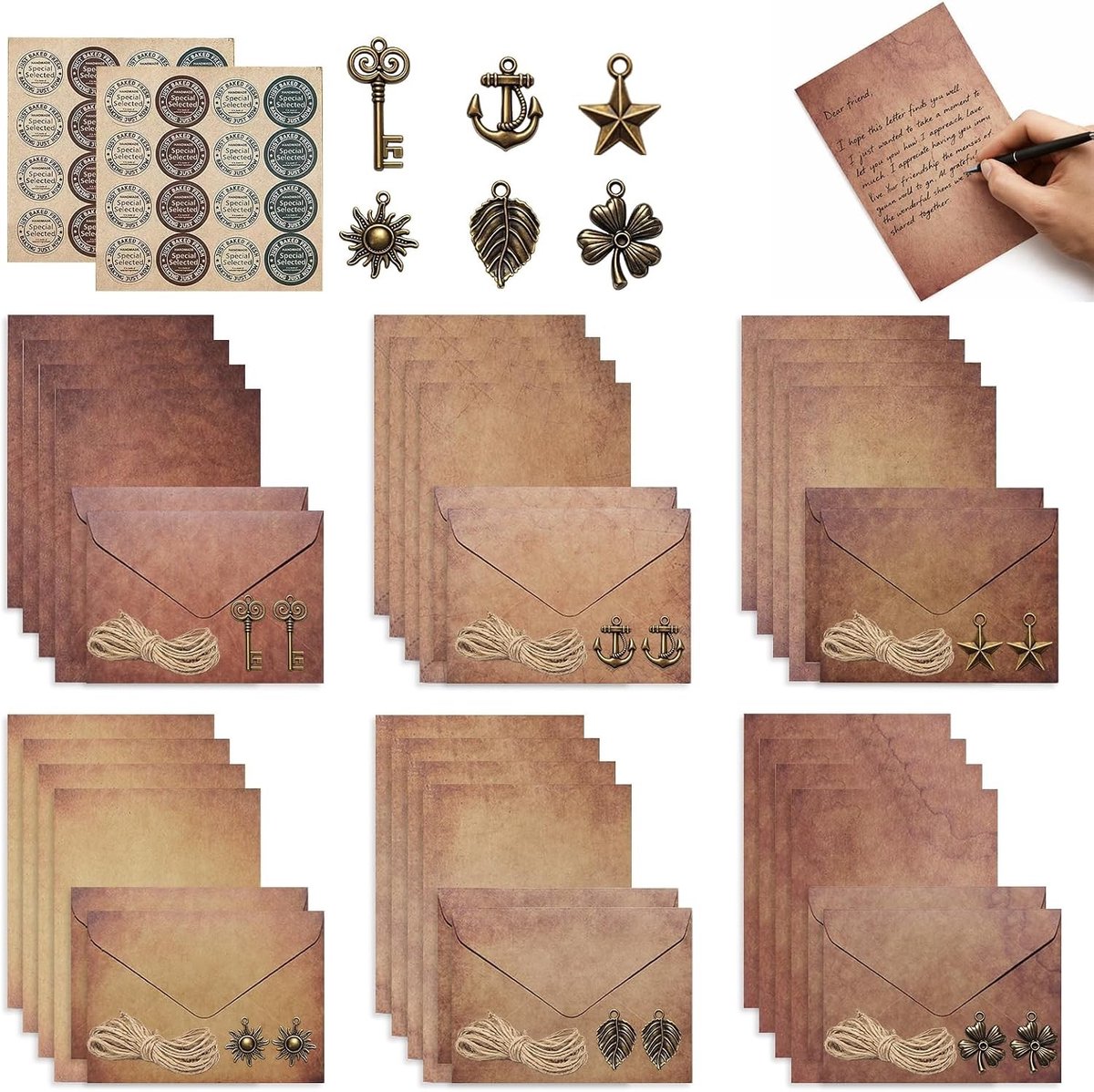 Vintage briefpapier set met 12 henneptouwen, retro sleutels en waszegelstickers voor uitnodigingen en liefdesbrieven