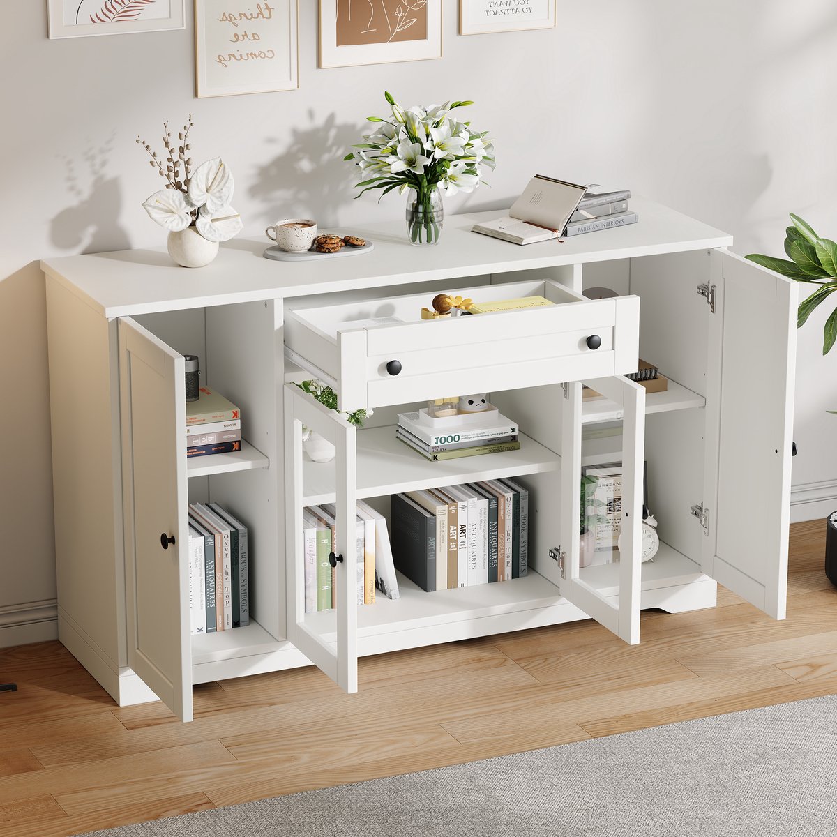 DESMIU Dressoir - Wit Met 4 Deuren En 2 Glazen Deuren, 1 Lade En Zwarte Ronde Grepen - Voor Woonkamer, Eetkamer En Hal - MDF En Spaanplaat - 138x40x83 Cm