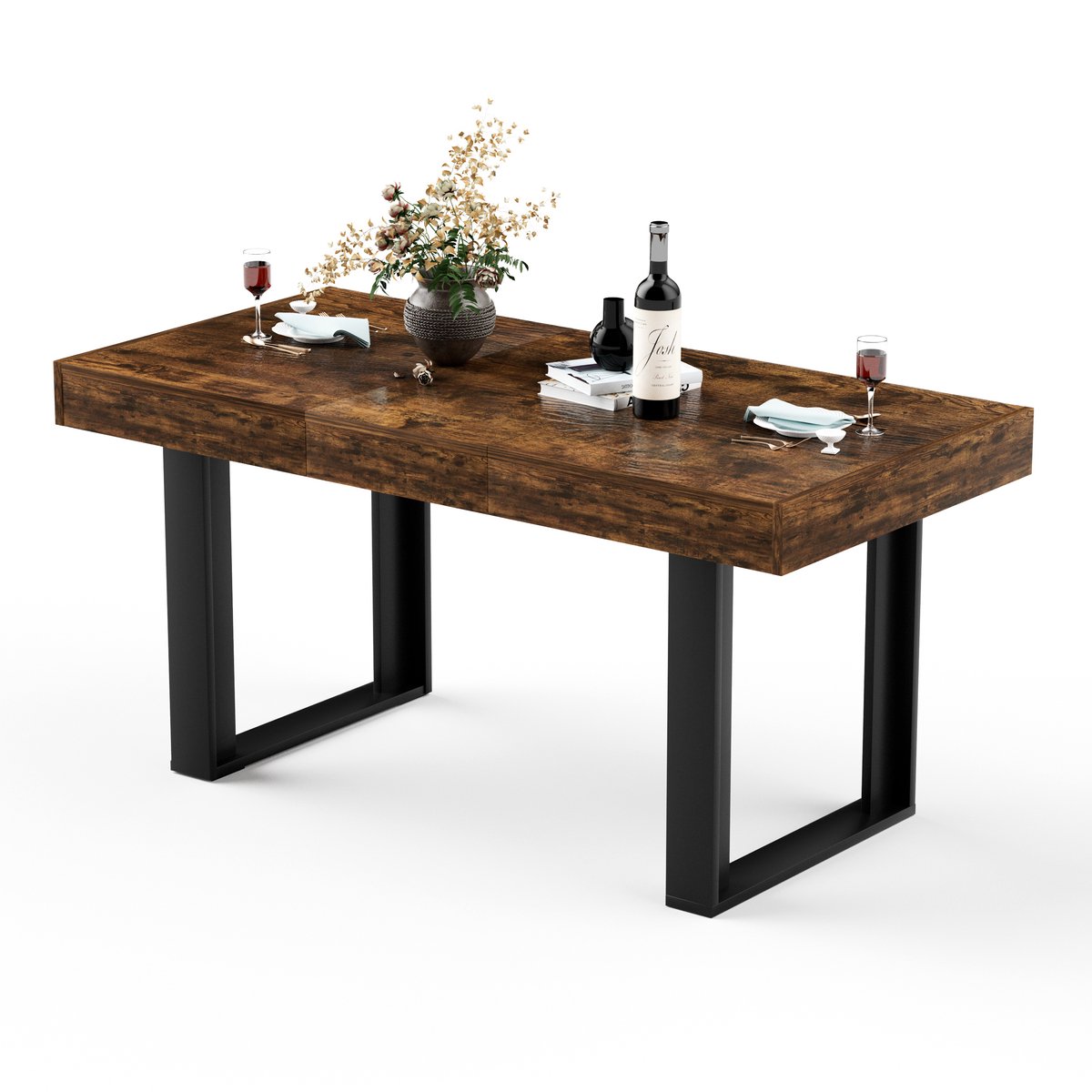 DESMIU Eettafel - Uitschuifbaar Van 120 Tot 160 Cm - Voor Keuken En Eetkamer Tot 8 Personen - Spaanplaat En Metaal - Zwart Bruin