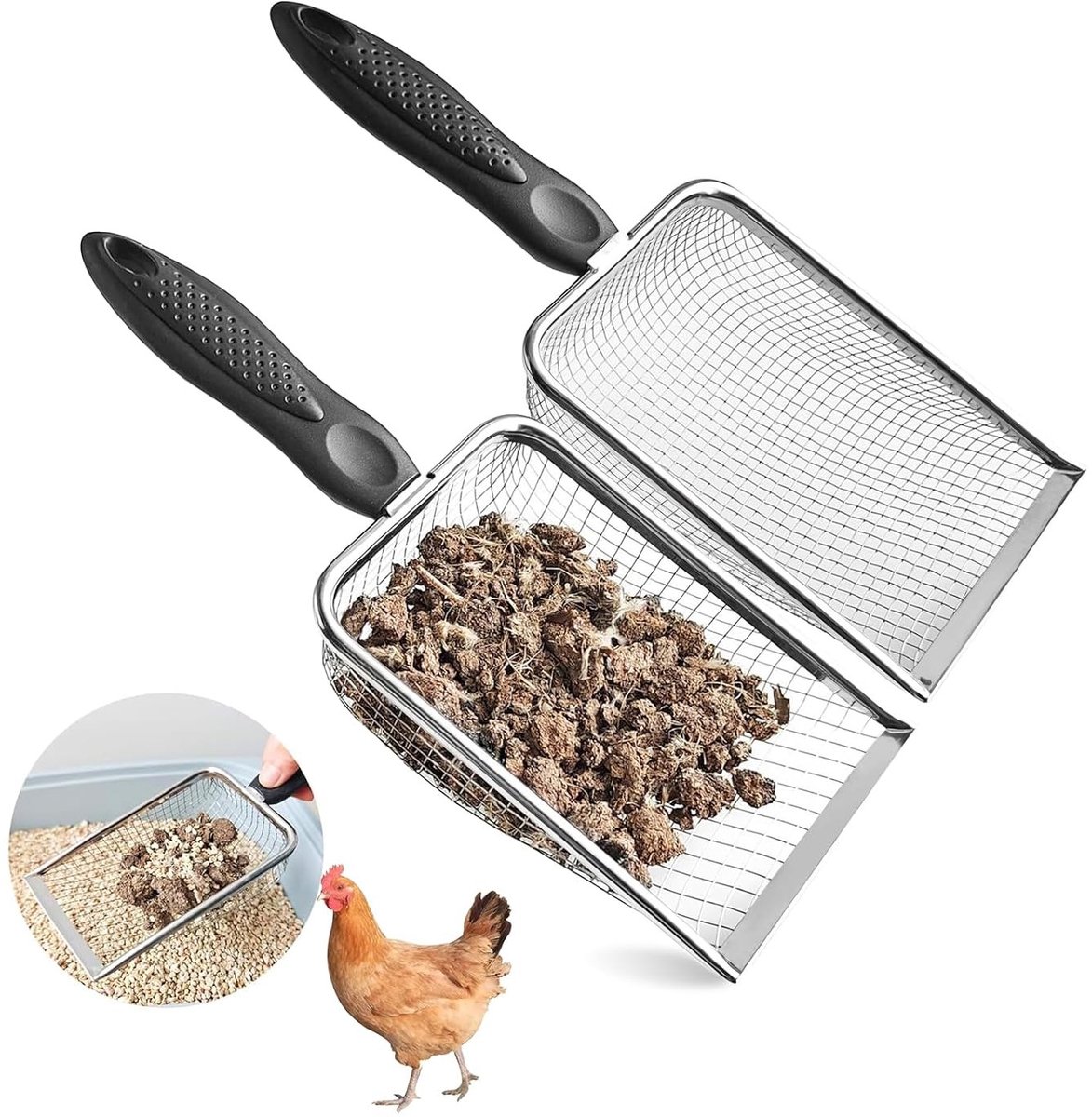 Duurzame Poep Schep voor Kippenhok - RVS Accessoires voor Scheiden van Excrement en Vuil met Netten van 0.3 cm en 5 mm, Ideaal voor Kippen en Kattenbak