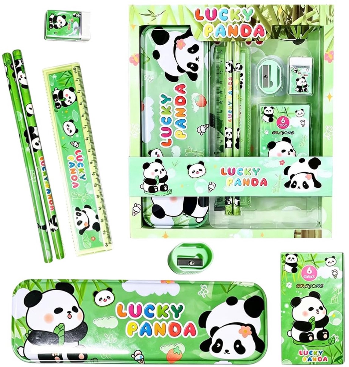 Panda-schrijfset, 7-delige schrijfset met schattige pandapootjes, etui, liniaal, potlood, notitieboekje, gum - ShopVlot