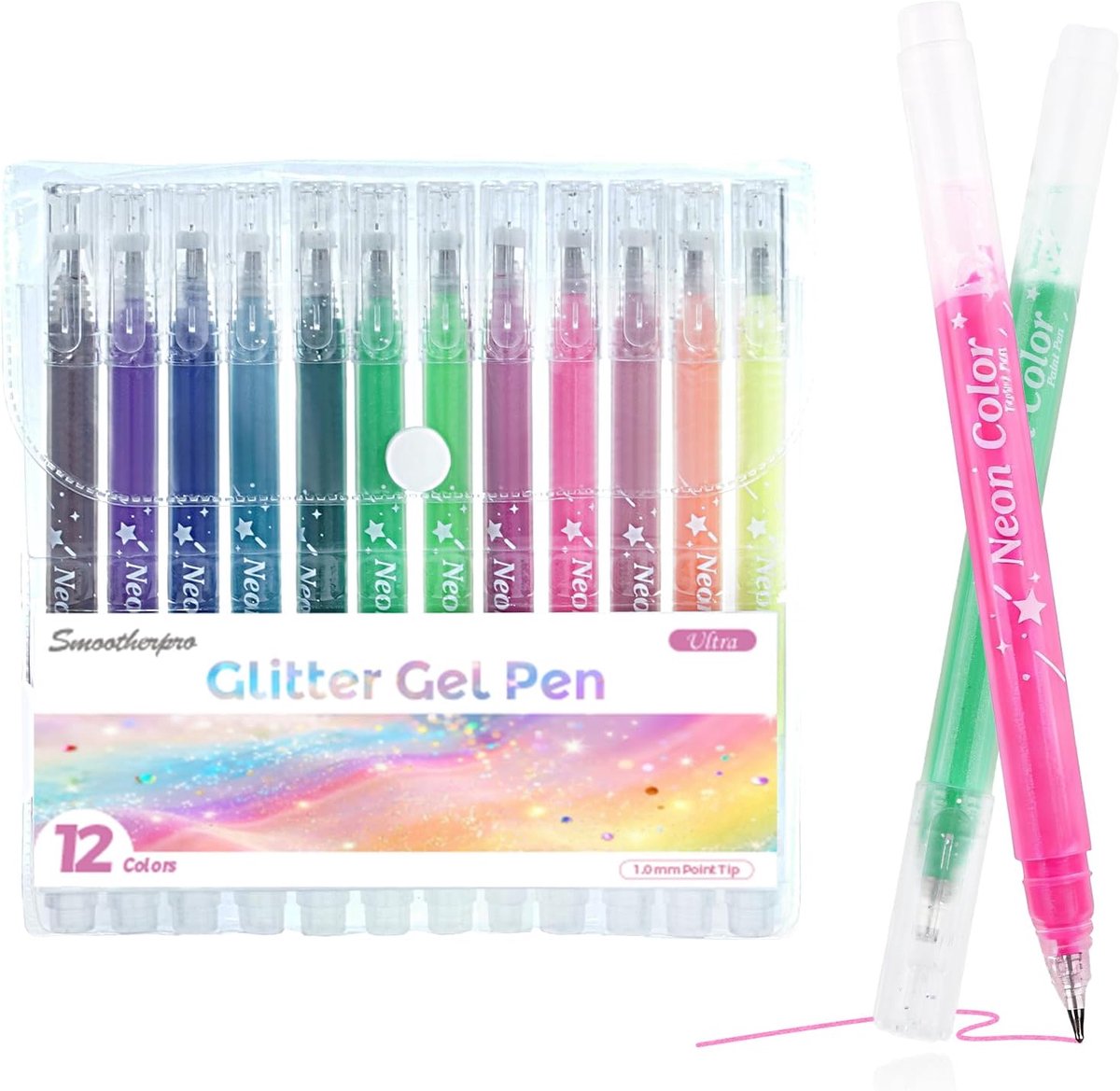 SMOOTHERPRO GLP012C Metallic Glitter Gel Pen 12 Pieces 1 mm Tip Glitter Gel Pen for Colouring Books, Cards, Journal - ShopVlot