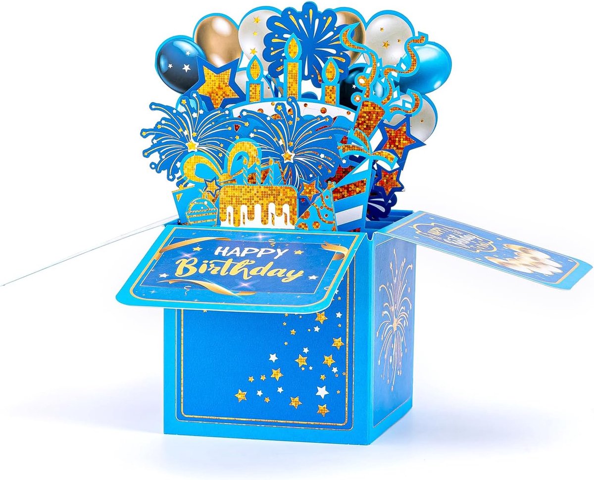 Pop-up Birthday Card, 3D Birthday Cake and Fireworks Card, Cube Greeting Card, Blue - ShopVlot
