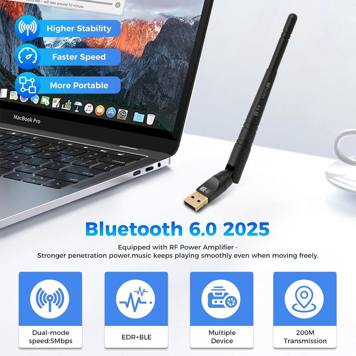 Bluetooth adapter 6.0 met groot overdrachtsbereik voor pc Windows 8.1/10/11, USB-dongle voor muis, toetsenbord - ShopVlot