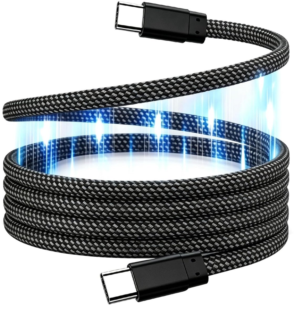 Magnetische USB C-kabel, USB C-kabel, opgerold, 60 W, 1 m, snel opladen, type C naar type C, nylon, gevlochten, platte - ShopVlot