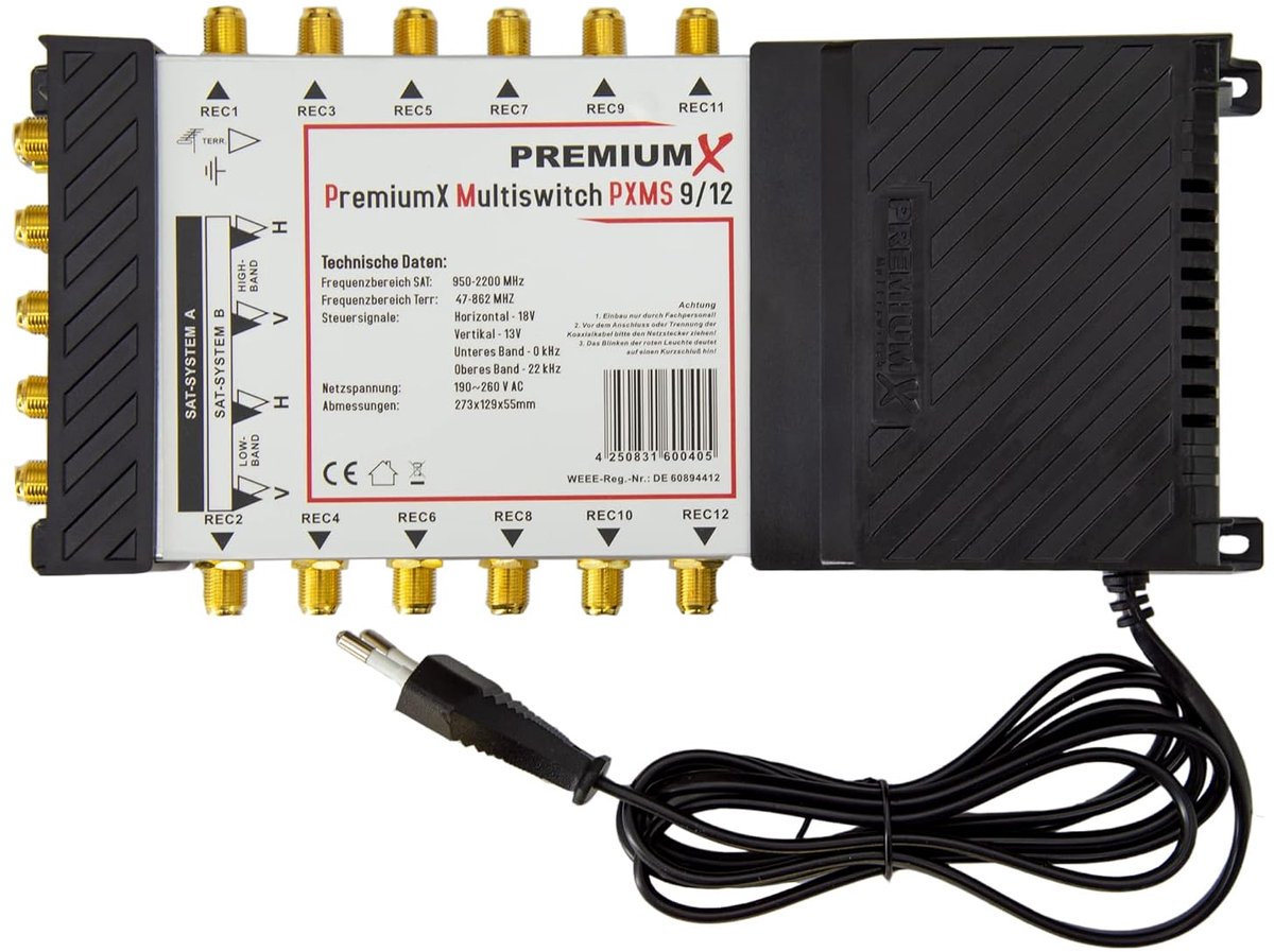 PremiumX PXMS Multiswitch 9/12 with power supply - 2 satellite positions on 12 outputs - ShopVlot