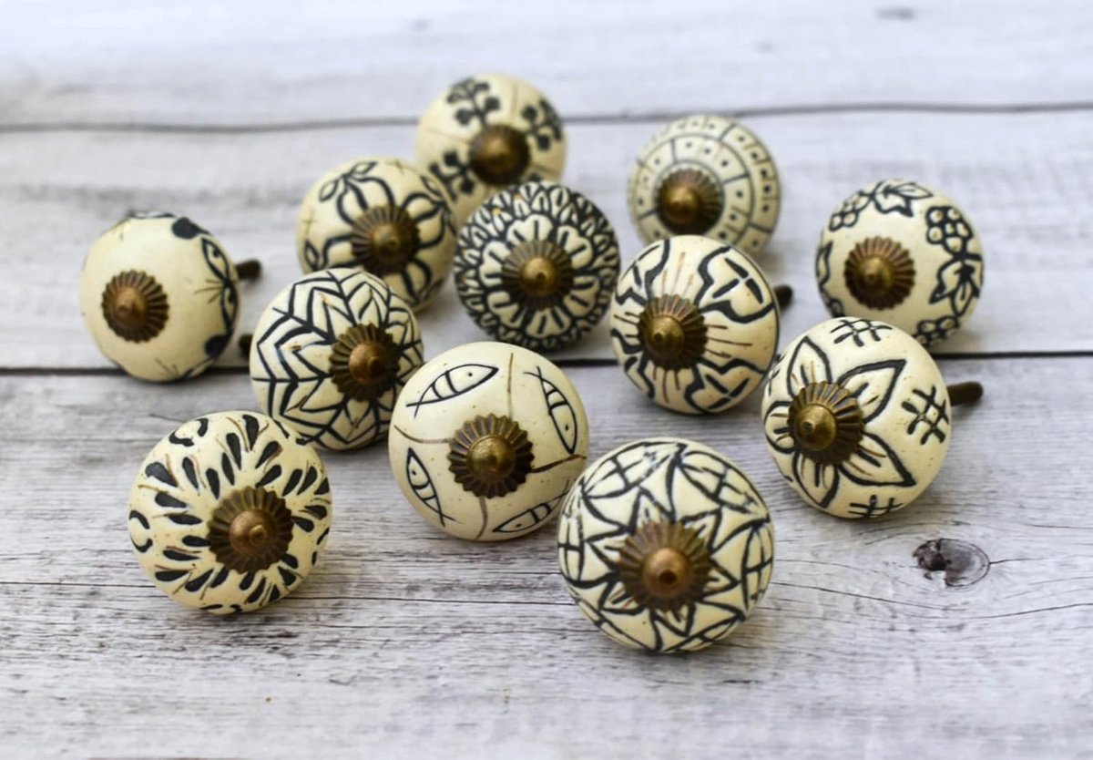 Set of 12 Black and White Ceramic Knobs for Kitchen Cabinets, Furniture, Bathroom, Chest of Drawers, Chest of Drawers - ShopVlot