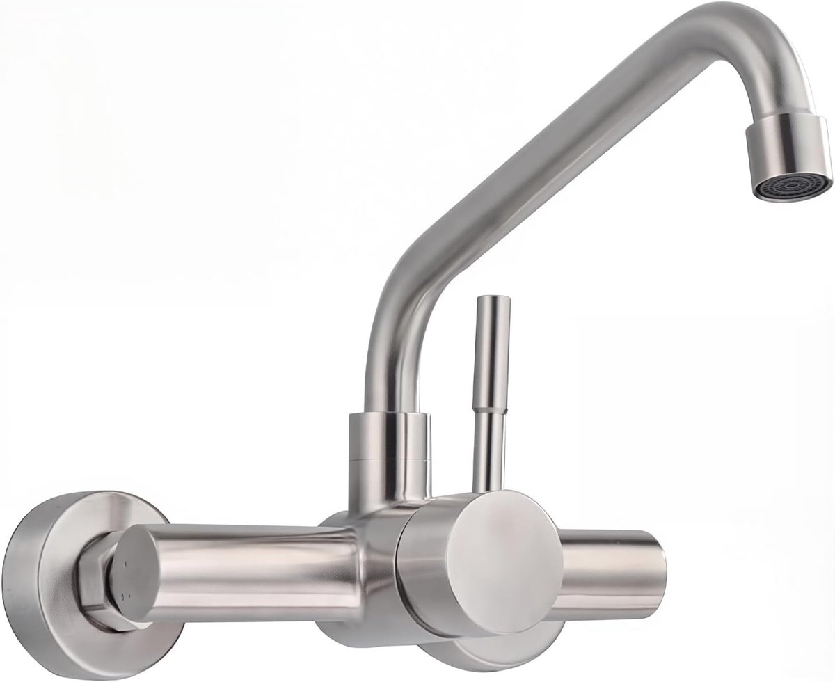 iFCOW Wall Mounted Kitchen Faucet Swivel Single Lever Mixer Tap 304 Stainless Steel Hot and Cold Water Tap with Jet - ShopVlot