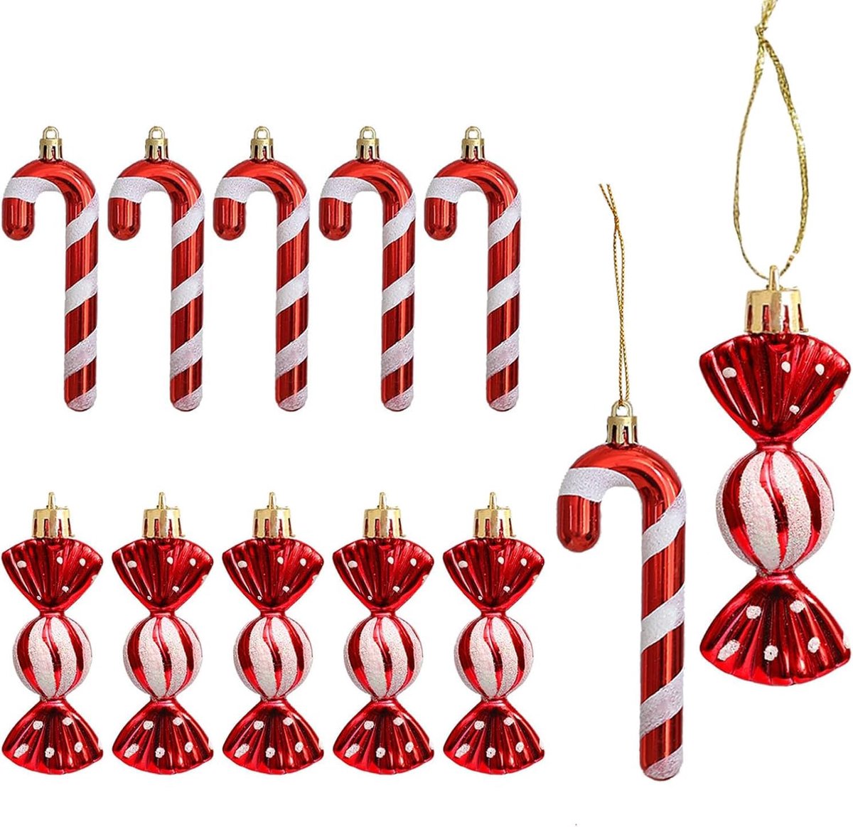 12 stuks glitter kerstboomdecoratie, rode zuurstokken, hangers, kerstboomversiering, suikerstok, kerstdecoratie - ShopVlot
