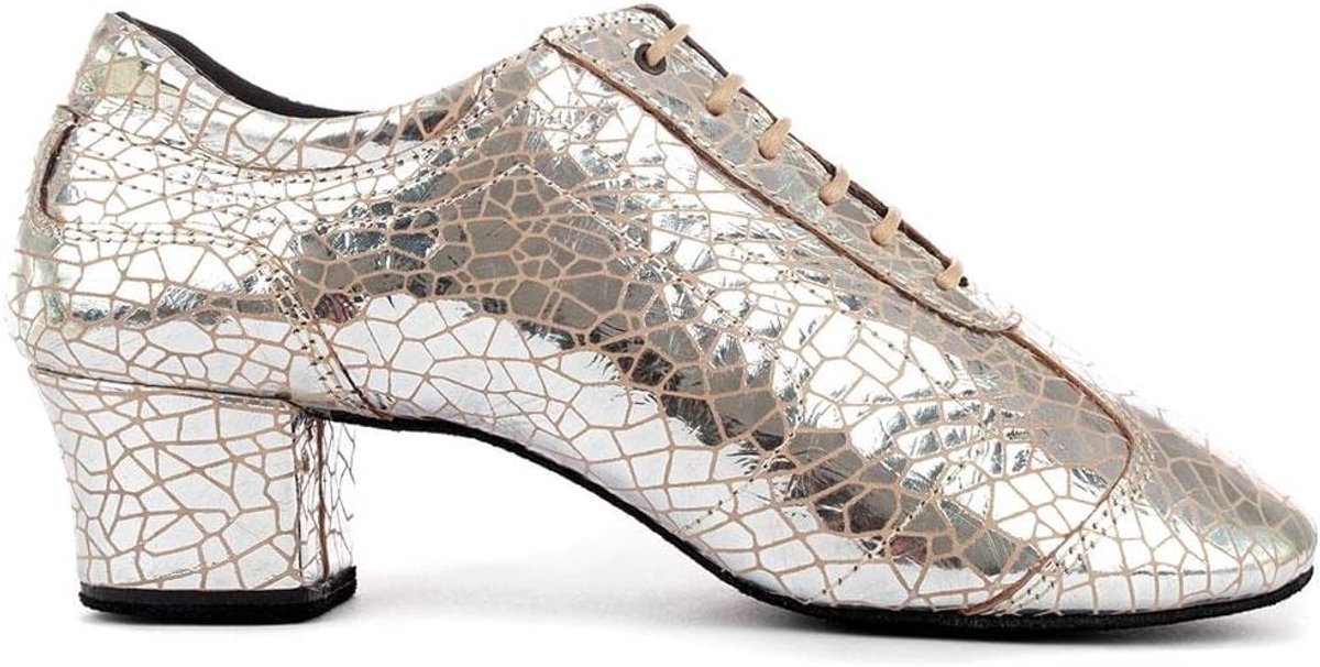 Portdance Dance shoes for women PD706 leather silver crackle - 4 cm block heel - normal - Made in Portugal - ShopVlot