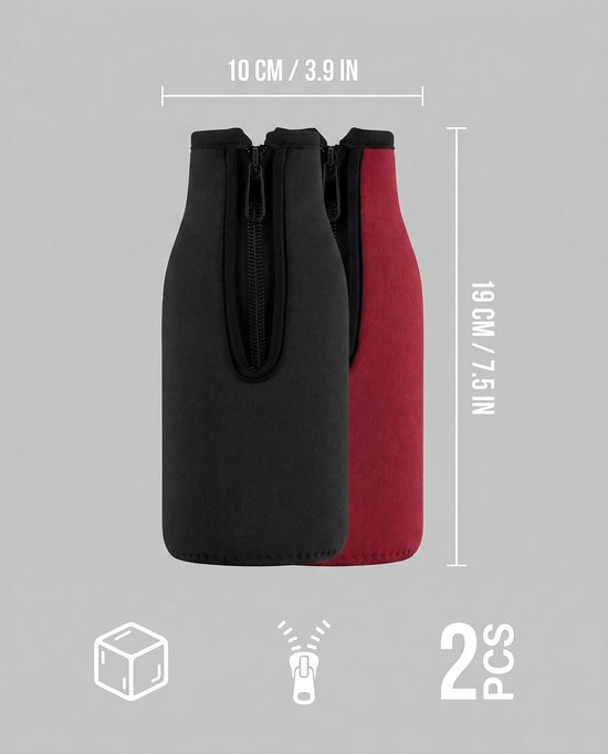 2-delige Isolatiehoes voor bierflessen - isolatiehoes van neopreen - hoes voor flessen met lange hals - houdt de temperatuur vast - antislip - materiaal van neopreen - met ritssluiting - geschikt voor flessen met lange hals - Zwart, rood van Balvi — afbeelding 3