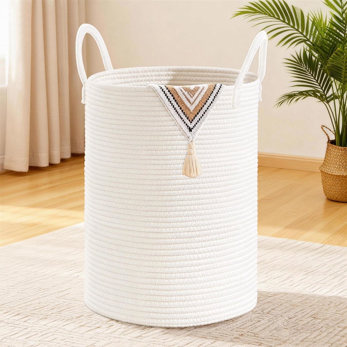 Woven Cotton Rope Laundry Basket 40cm x 55cm - Foldable Storage Basket with Handle - For Laundry, Blankets and Toys - ShopVlot