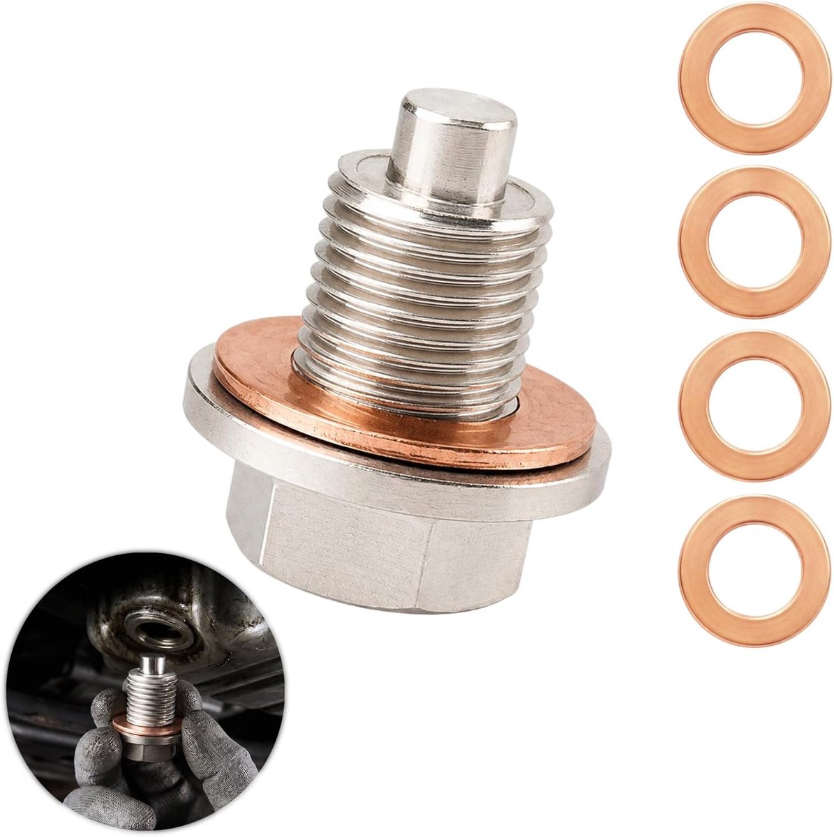 Motorolie-afvoerstop, magnetisch, M12 x 1,25, afvoerstop, roestvrij staal, aluminium, met neodymium-magneet, 5 koperen - ShopVlot