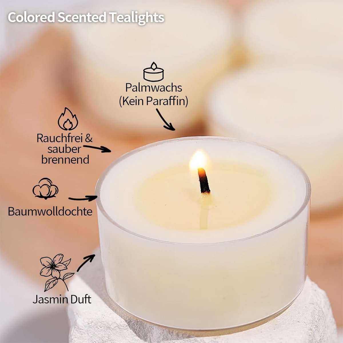 LETINE Jasmin Scented Candle Tea Lights 14 Pieces 100% Palm Wax Scented Tea Lights White 6 Hours Burning Time Scented - ShopVlot