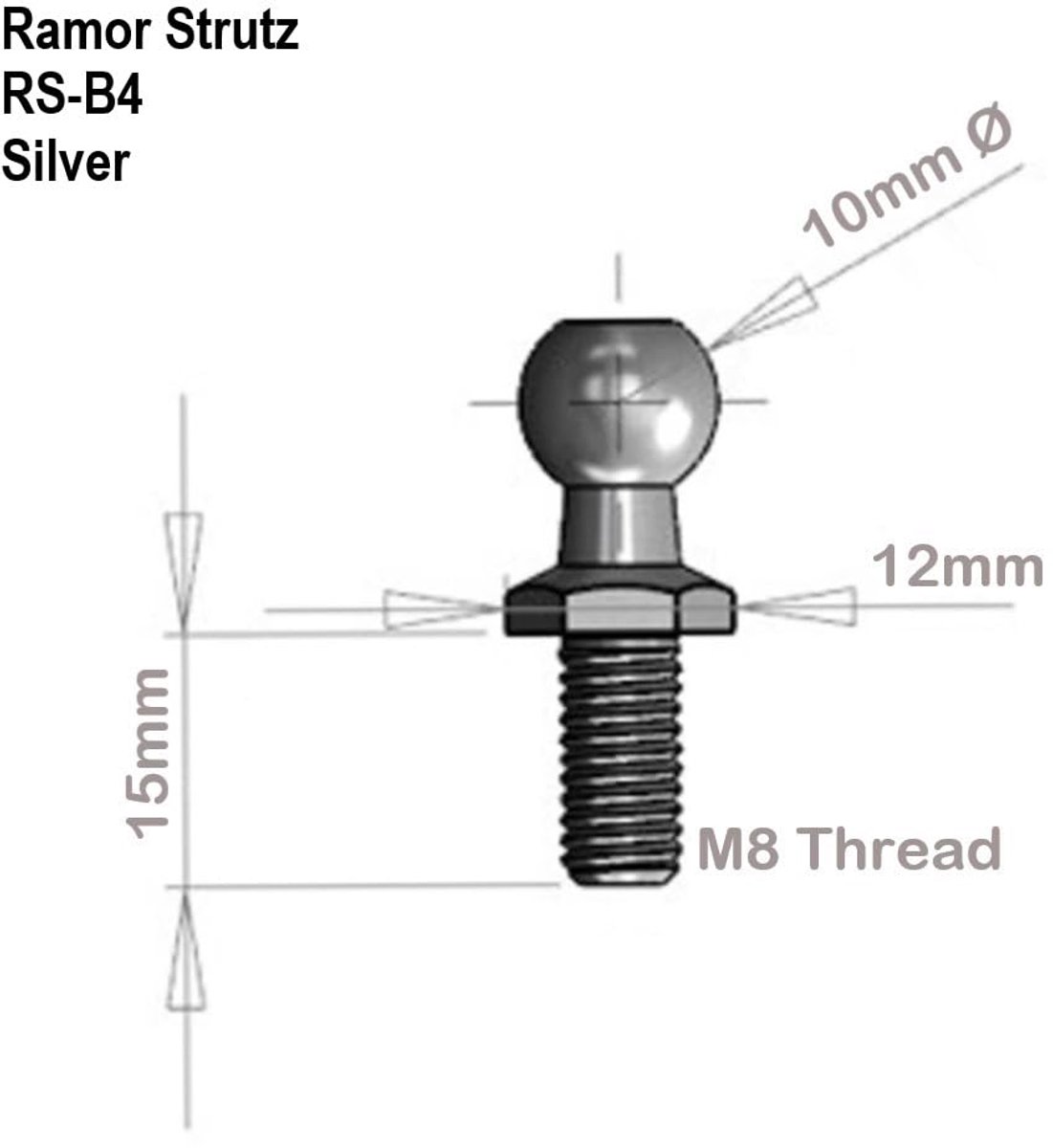Four silver ball bolts for gas struts, trunk lid, tailgate or bonnet. 10mm ball, 15mm long thread, M8 thread. - ShopVlot