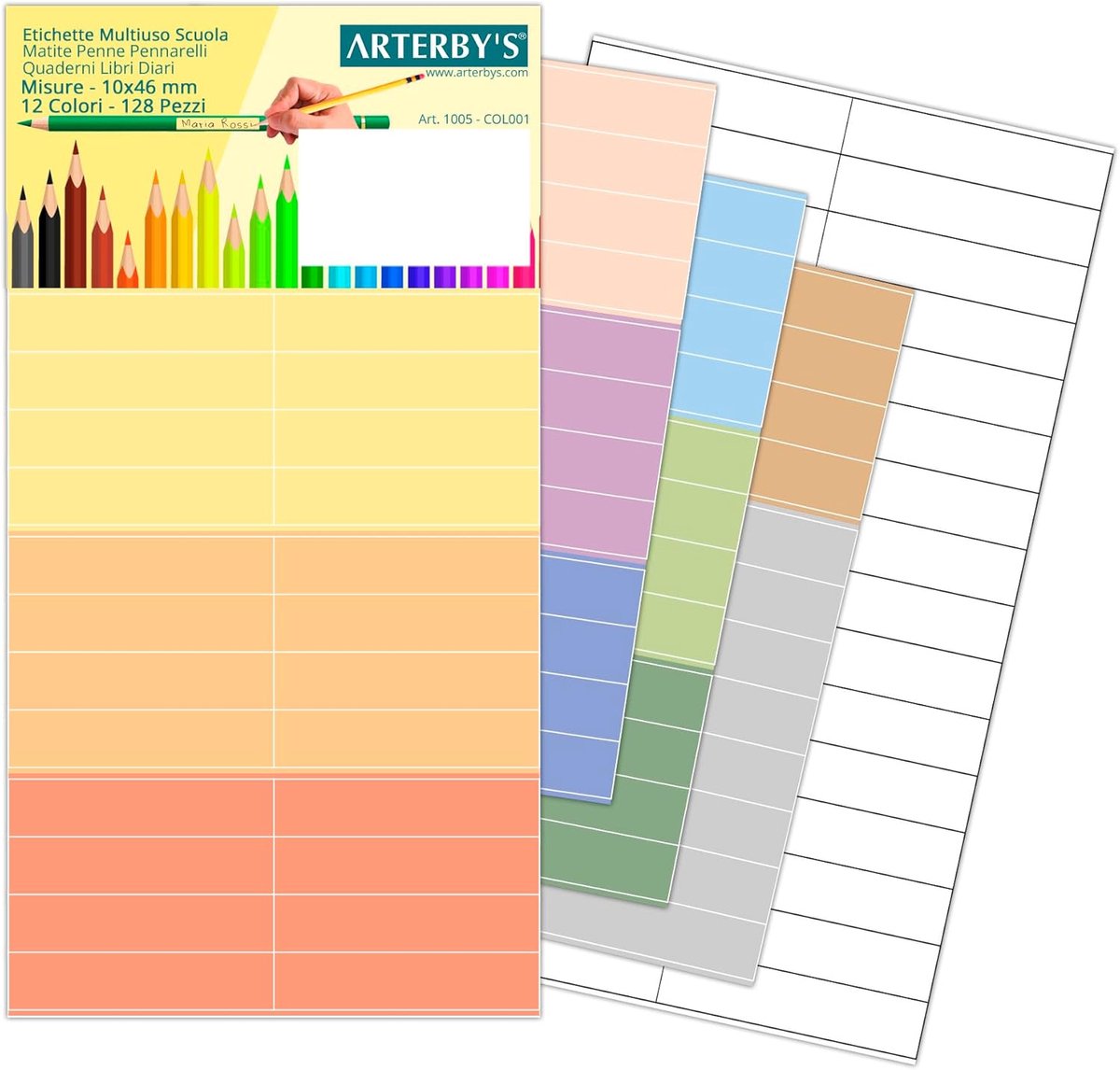 Arterby's® - 128 Self-Adhesive Labels, Pencils, Pens, Markers, 10 x 46 mm, 12 Colours, Waterproof Vinyl, Colored - ShopVlot