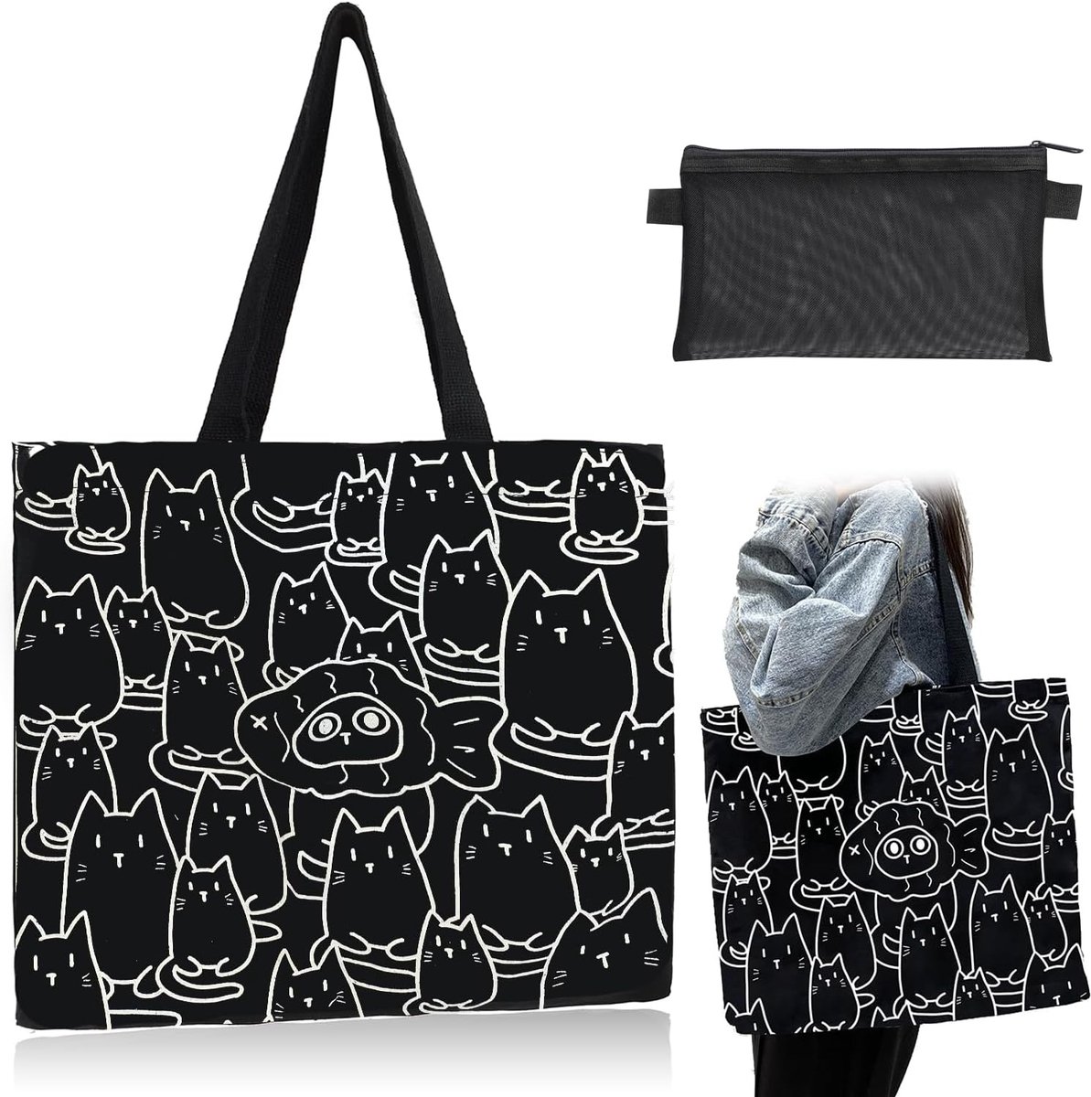 Shopping Bag Women Large Capacity Elegant Fish Cat Bag Zipper Leisure Canvas Shopping Bag Beach School Shopping Bag - ShopVlot