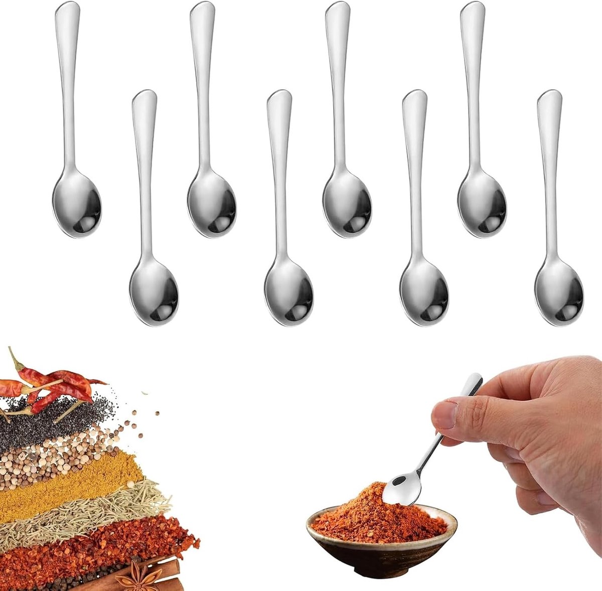 Set van 8 mini roestvrijstalen lepels – Kleine zilveren lepels voor specerijen, suiker en sauzen – Ergonomisch en duurzaam, perfect voor keuken en koffiegebruik