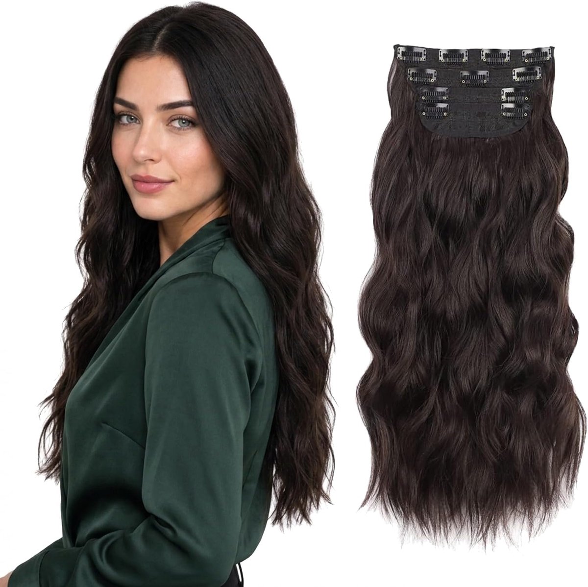 Hair Extensions Clip-in 20" Lang Golvend - Donkerbruin Synthetisch Haarstuk - Blijft Mooi in Vorm - ShopVlot