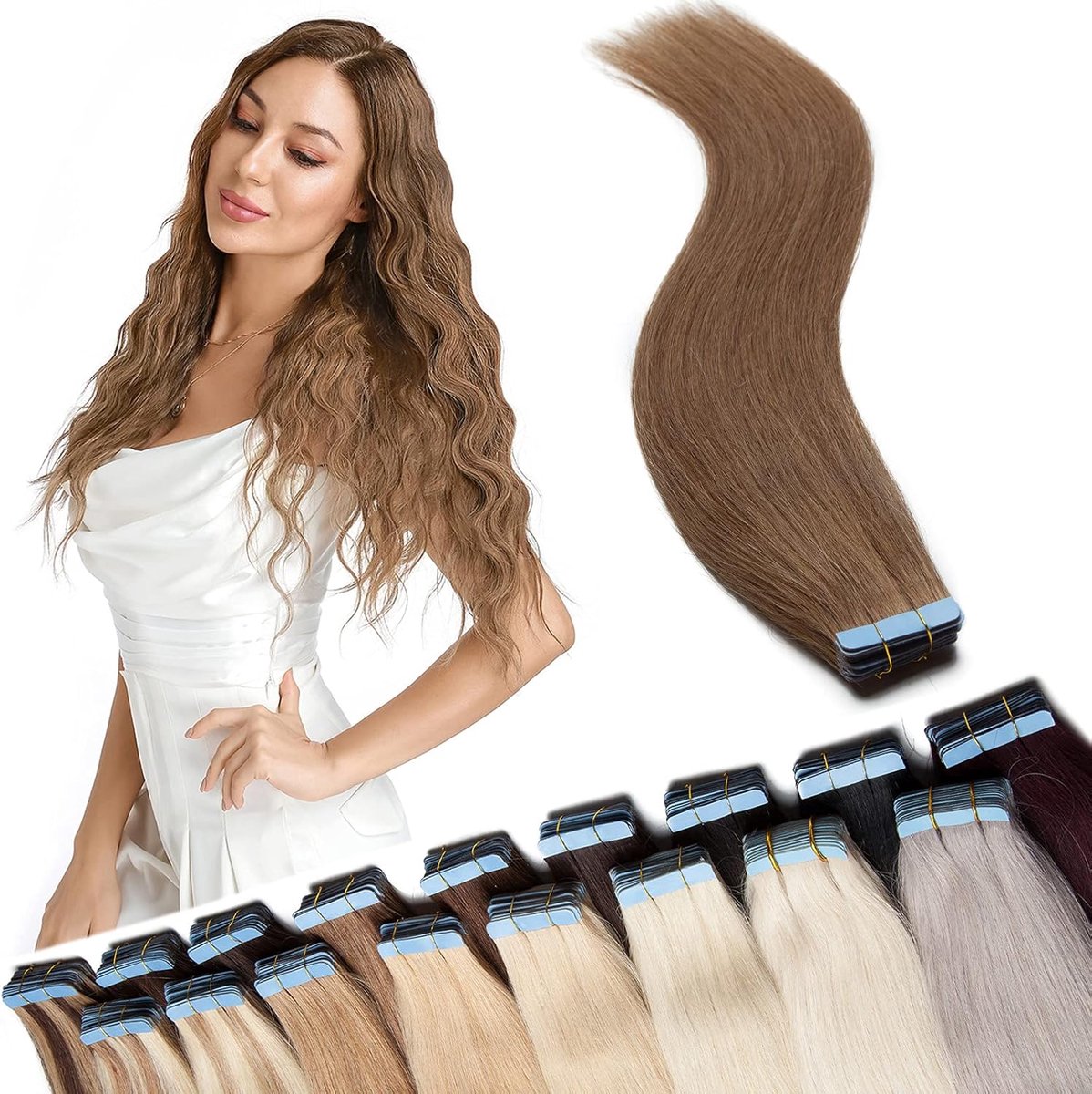 Tape in extensions 40 stuks - 40 cm - 100% Remy echthaar - Hellbraun #6-2 - +10 gratis tapes - ShopVlot