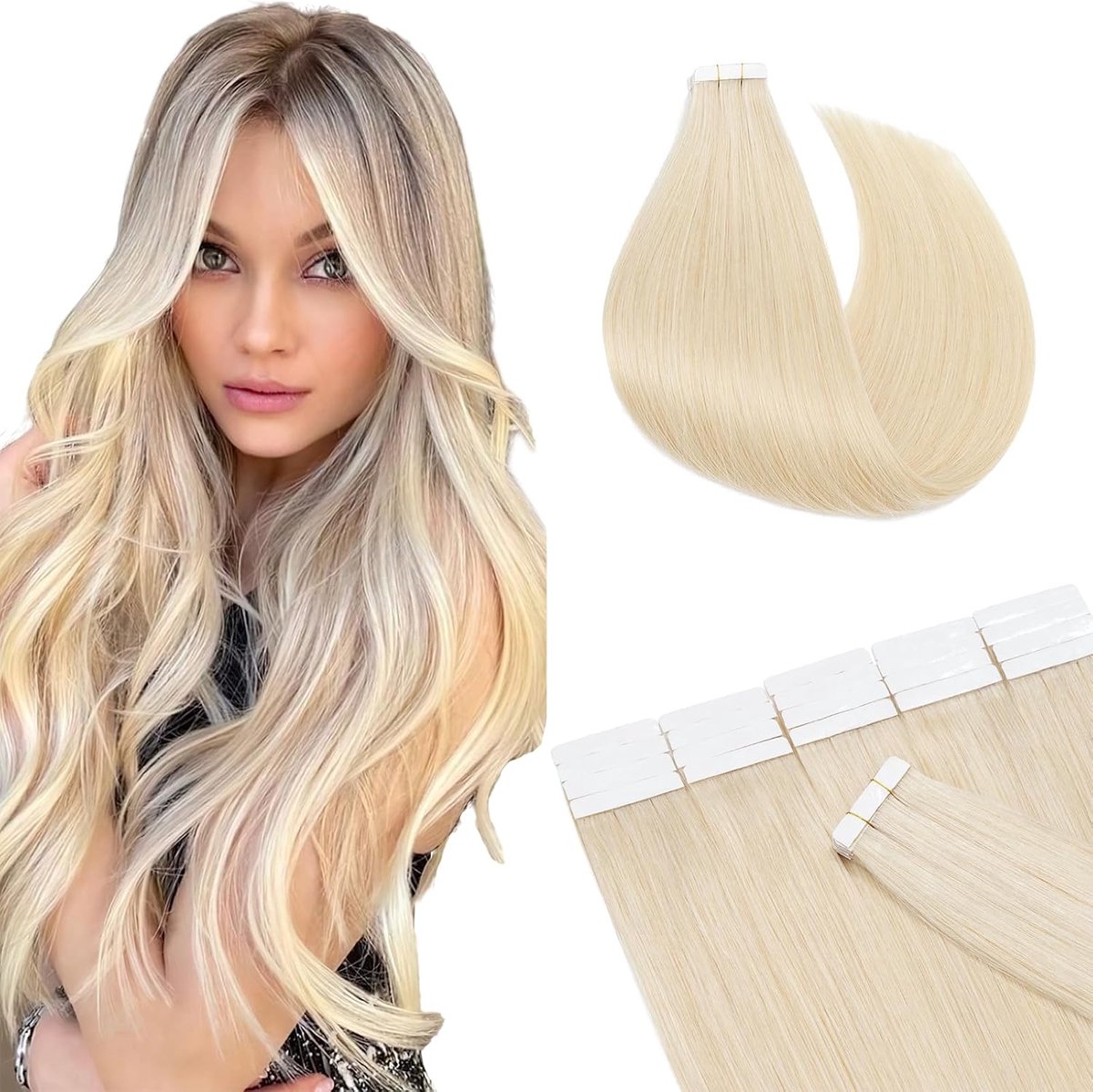 Tape in Extensions 20 Tressen 2.5g - 100% Remy Echthaar - Platinum Blond #60 - Gladde Haarverlenger - ShopVlot