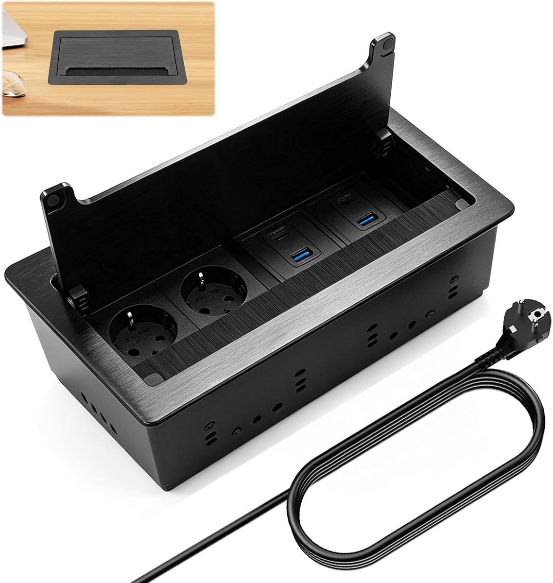 Inbouwstopcontact met USB - Aluminium - 9-in-1 met 3 geaarde stopcontacten en 6 USB-poorten - ShopVlot