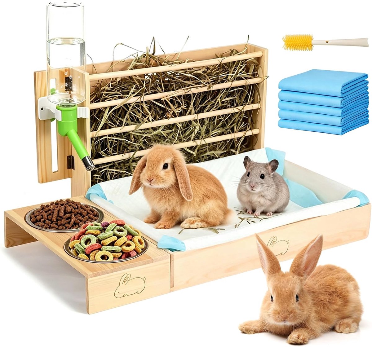 Konijnen hooi feeder met 2 kommen - 4-in-1 houten voederdispenser - multifunctioneel design - voorkomt verspilling - ShopVlot