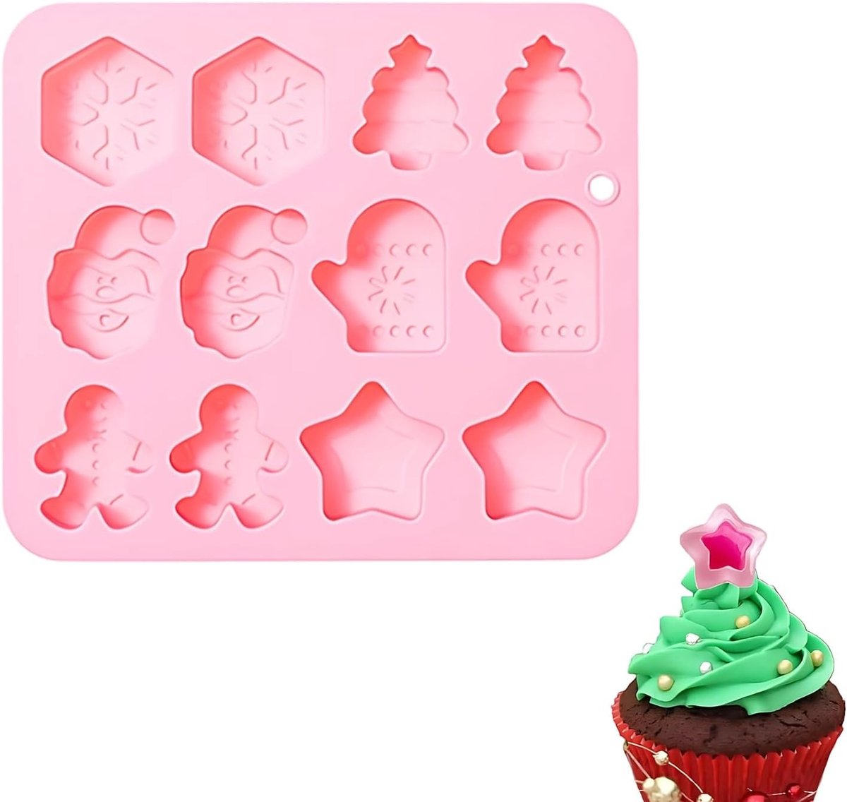 Kerst Bakvorm van Silicoon met 12 Compartimenten – Kerstboom, Sneeuwvlok, Handschoen, Ster en Figuren – Geschikt voor Taart, Chocolade en IJscreaties