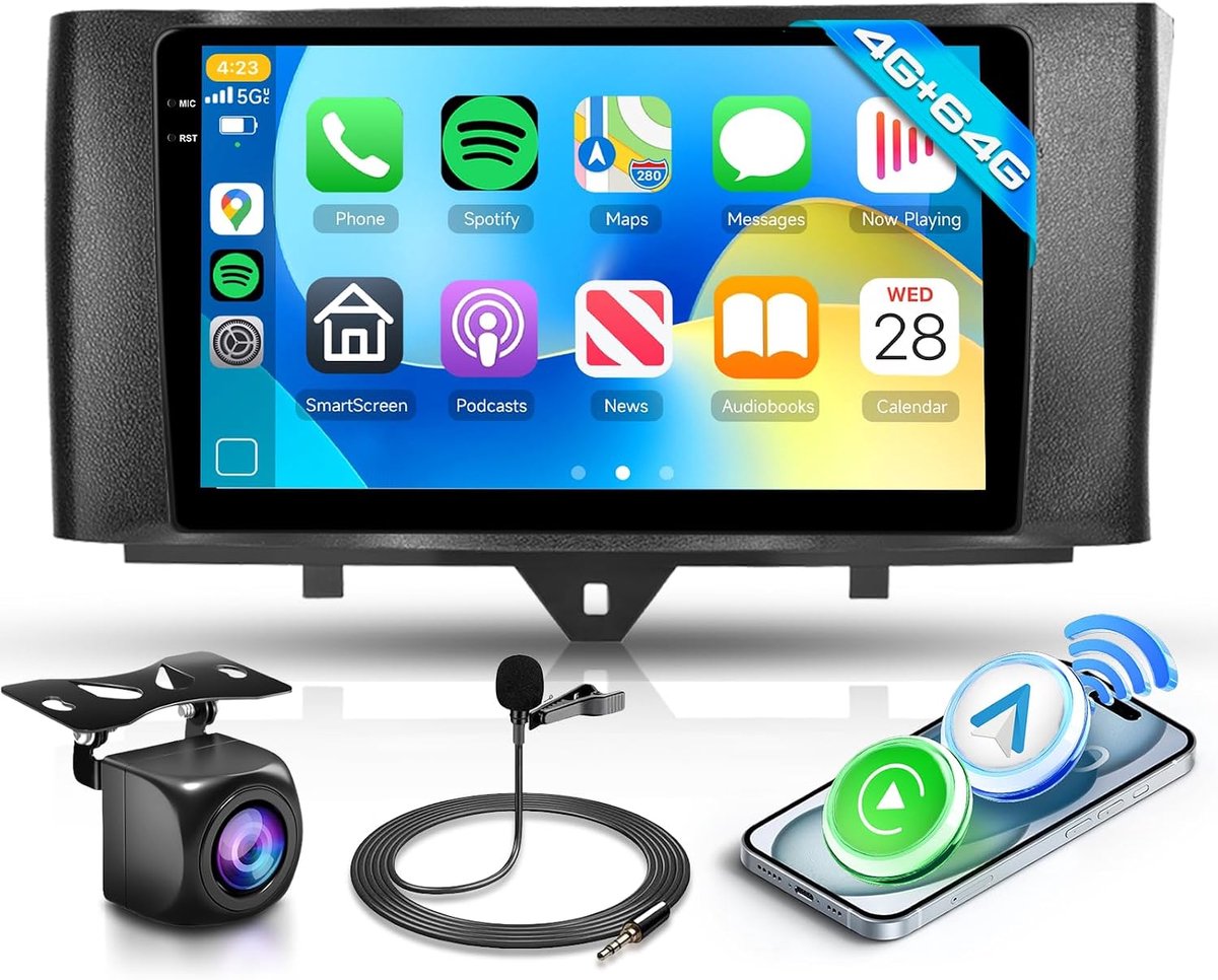 Autostereo 2 DIN - 9 inch touchscreen - Android 4GB + 64GB - GPS en Carplay voor Mercedes Benz Smart Fortwo W451 - ShopVlot