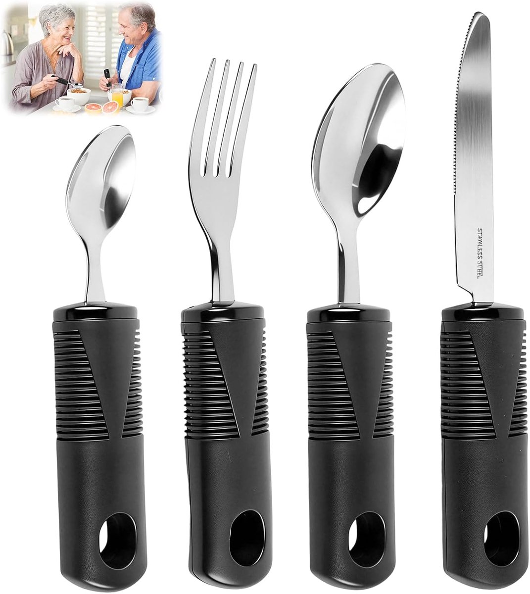 Parkinson bestek 4 stuks - antislip dikke handgreep - ergonomisch roestvrij staal - gemakkelijk vast te pakken - ShopVlot