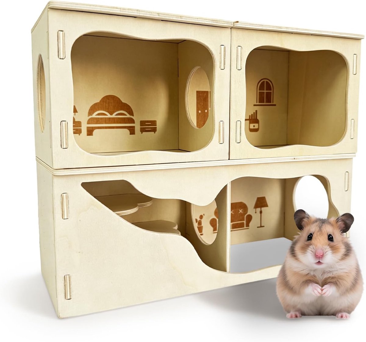 Ruim Hamsterhuis met Meerdere Kamers, 30 x 12 x 24 cm, Veilig Houten Huis voor Dwerghamsters, Gerbils en Knaagdieren, Ideaal voor Kleine Huisdieren