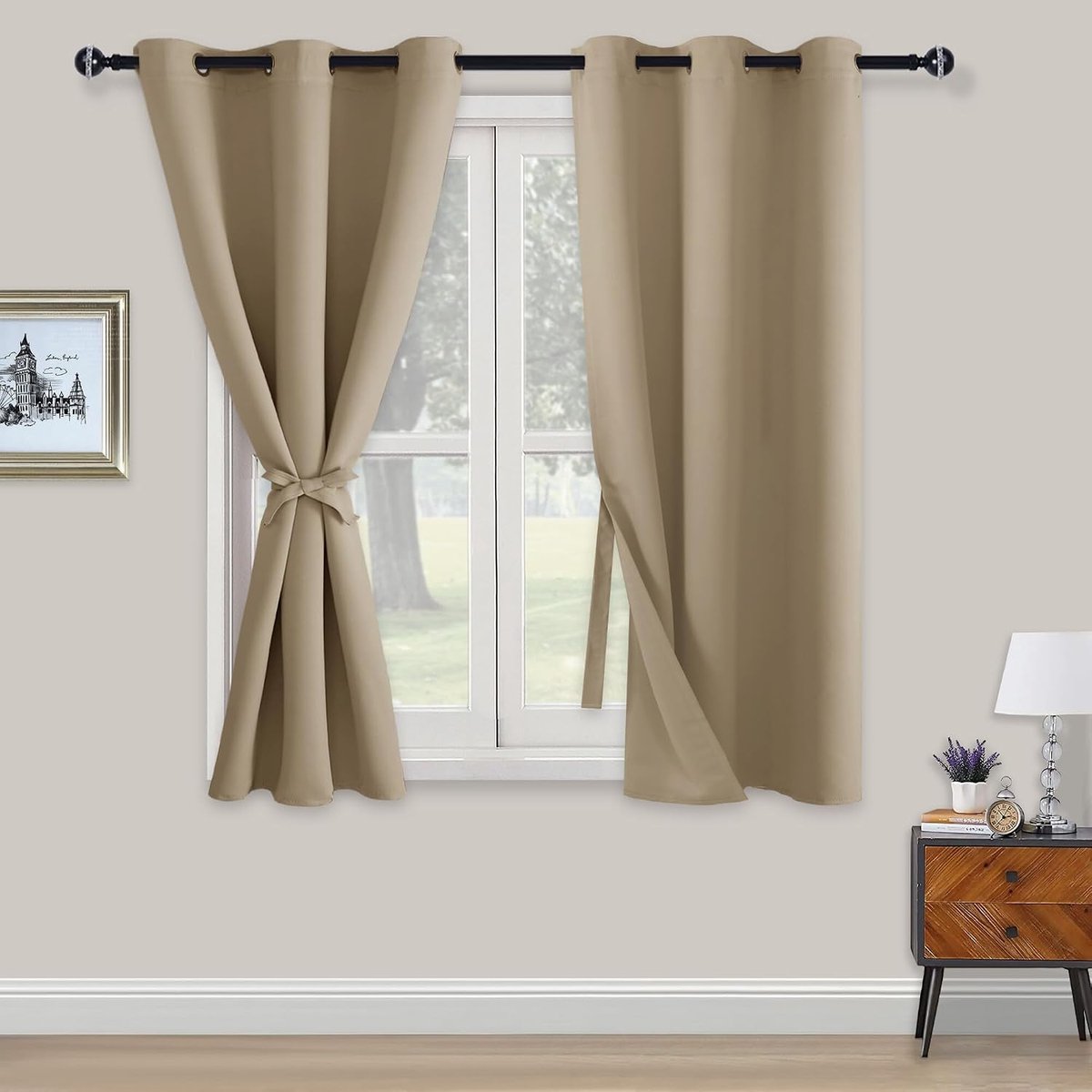 Zwarte verduisteringsgordijnen 138 x 117 cm - Taupe - Met oogjes - Ideaal voor slaapkamer - ShopVlot