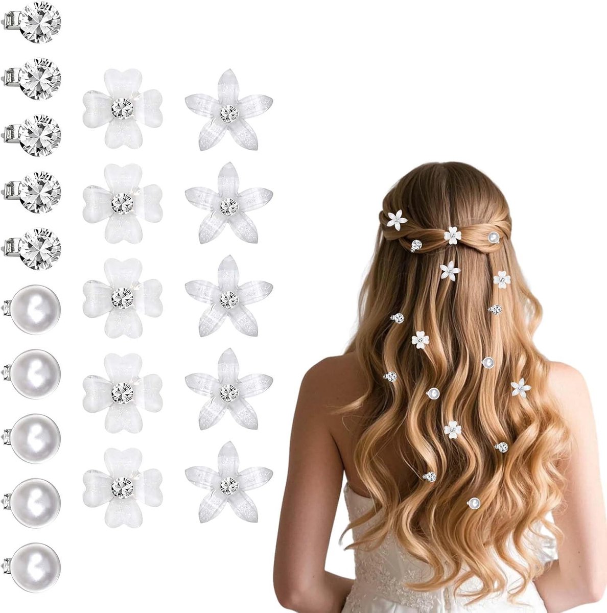 Bloemenhaarspelden 20 stuks - Harde haarspelden met parels en strass - Antislip haaraccessoires voor bruid - ShopVlot