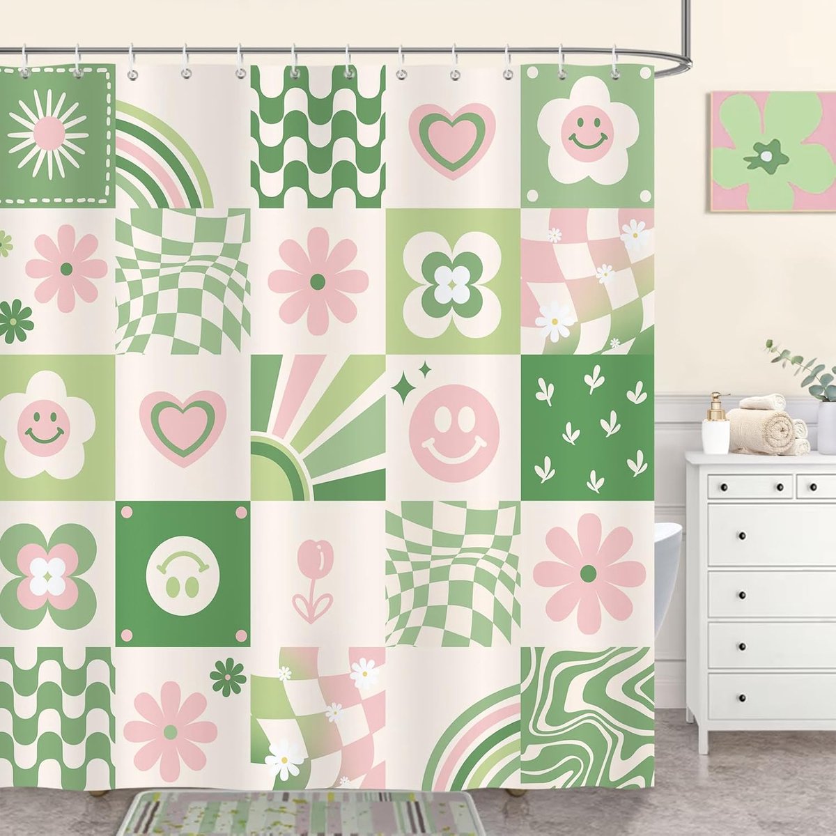 Douchegordijn 180 x 180 cm - Waterdicht polyester - Retro boho bloemen - Verfraai je badkamer - ShopVlot