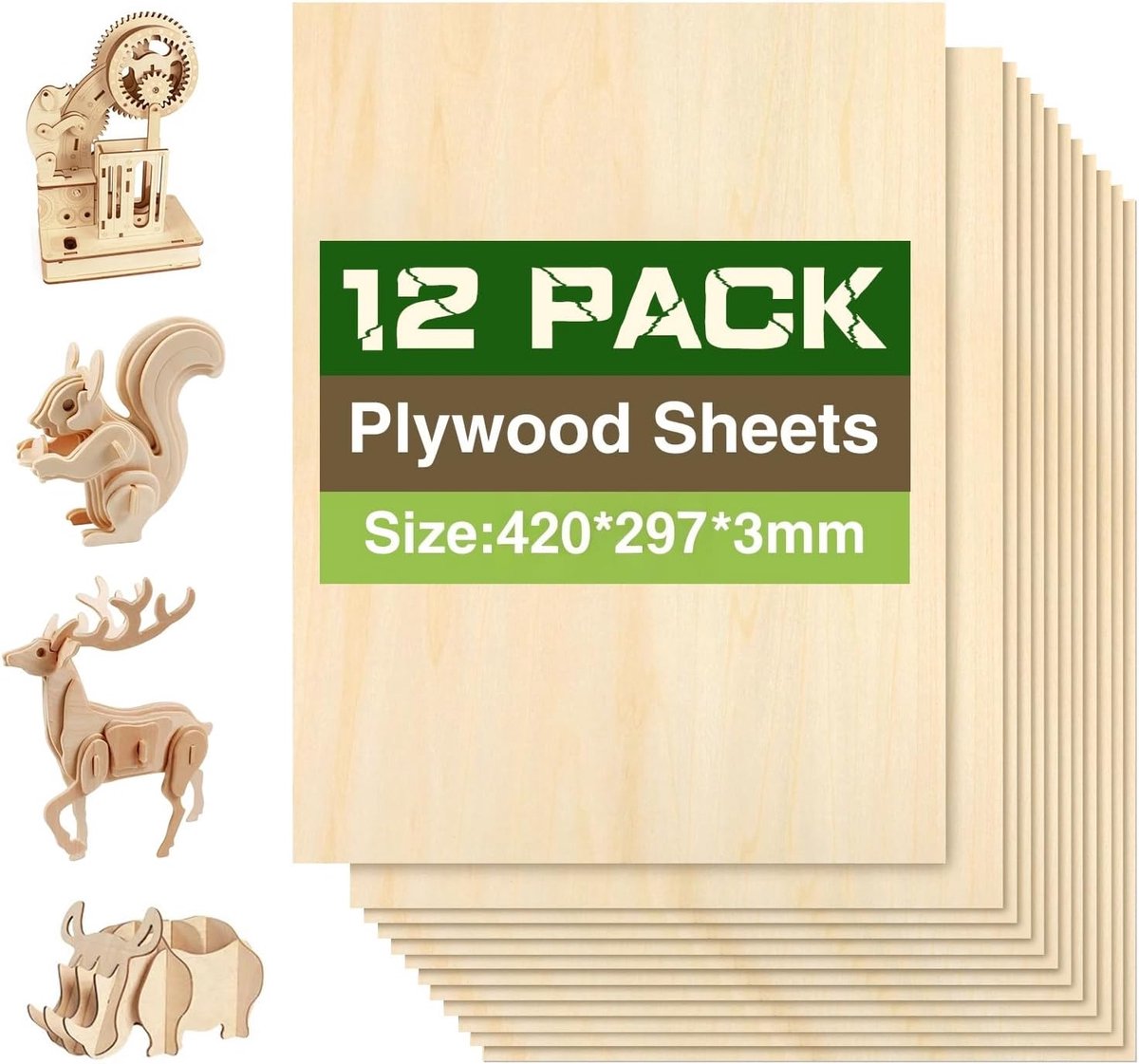 Plywood Paneel 3 mm - A3 420 x 297 mm - 12 Stuks Houten Platen - Ideaal voor Houtbewerking - ShopVlot