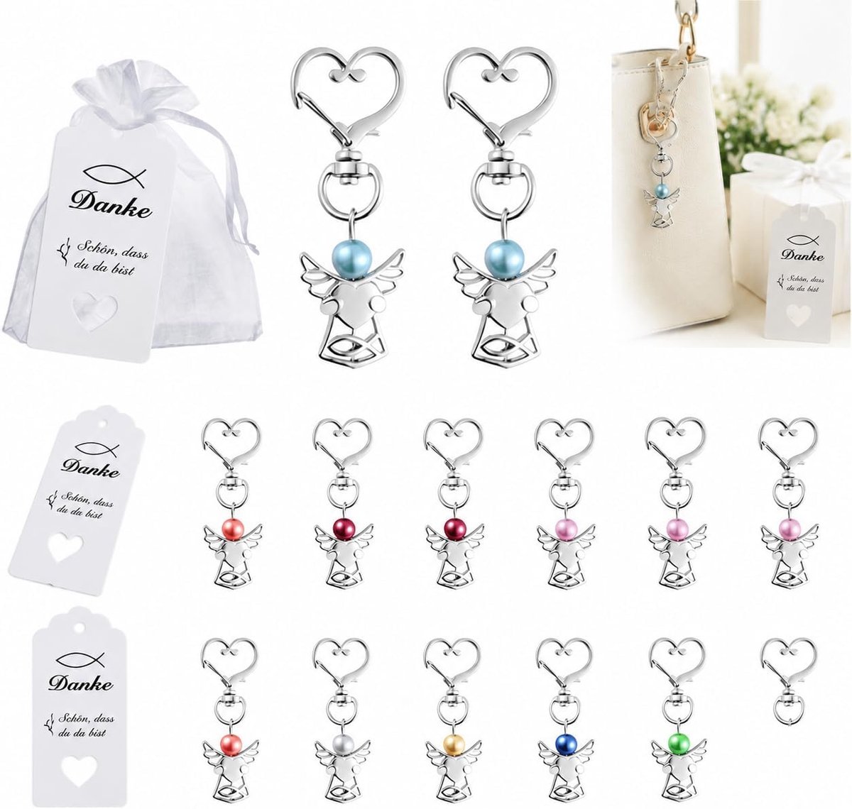 Beschermengel sleutelhangers 12 stuks - spiritueel in organza zakje - met kraftpapier hanger - ShopVlot