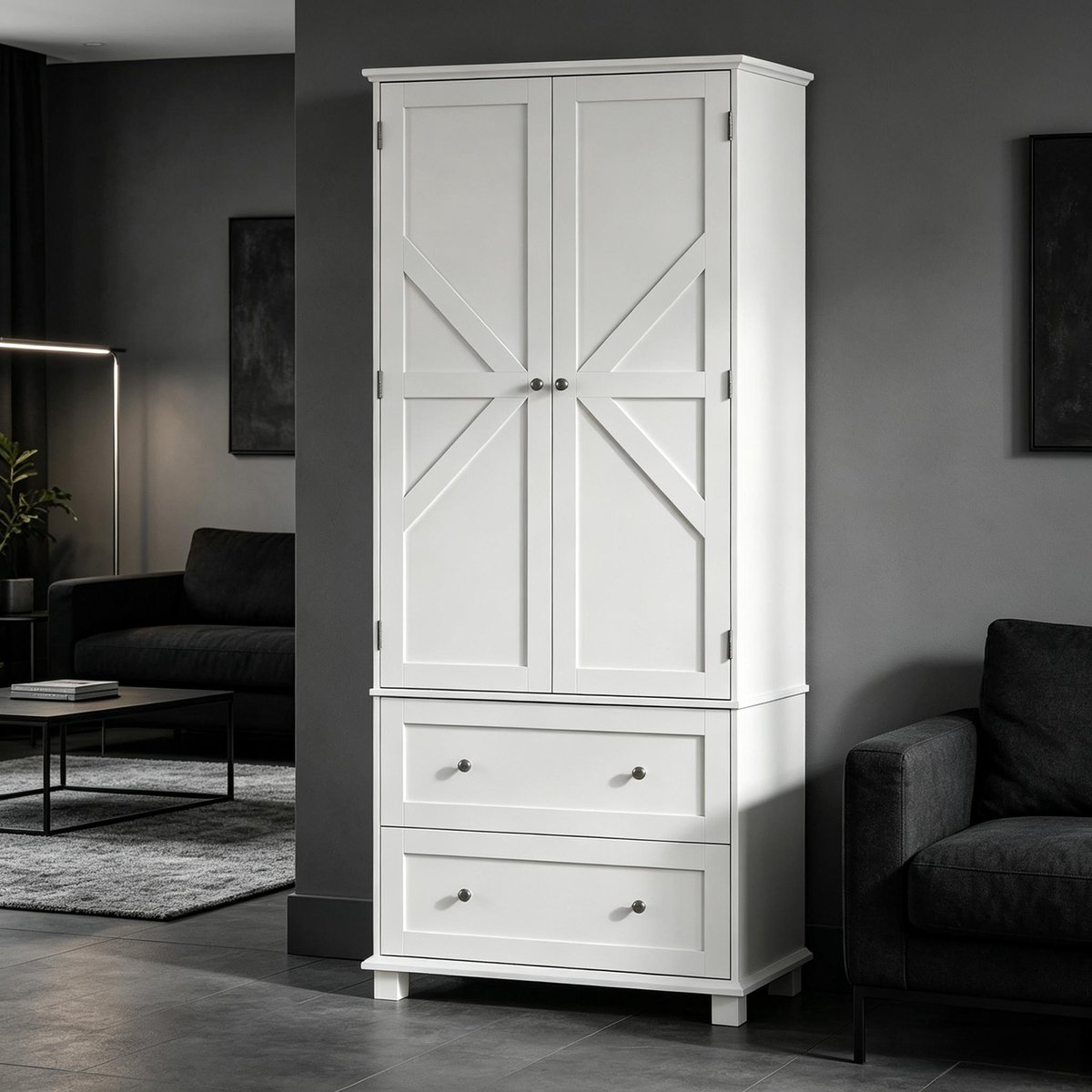 OKWISH Keukenkast Hoog Wit MDF 2 Deuren 2 Lades Verstelbare Planken 80 X 39,5 X 184,5 Cm