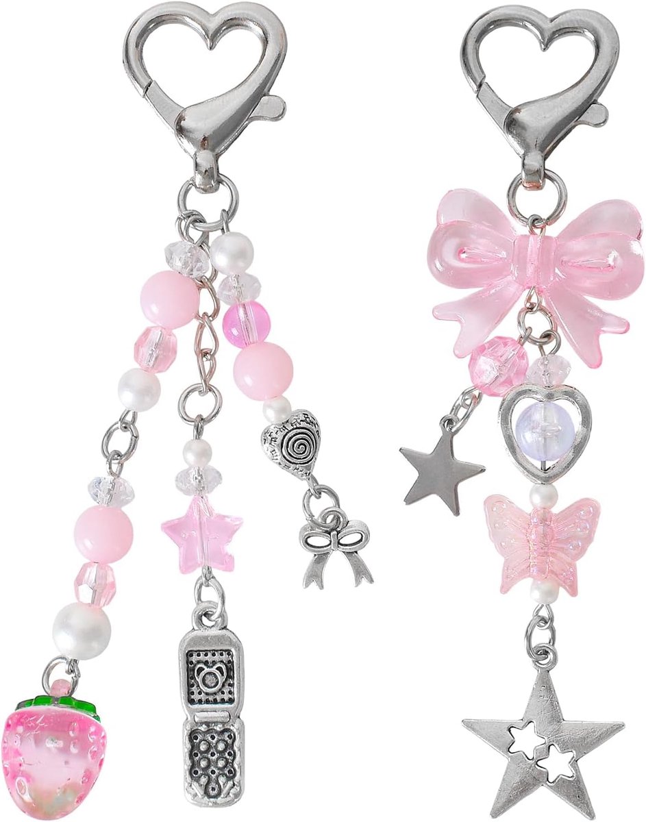 Sleutelhangers - Schattige Y2K mobiele telefoonhanger - Roze aardbeien en vlinders - Perfect voor tassen en sleutels - ShopVlot