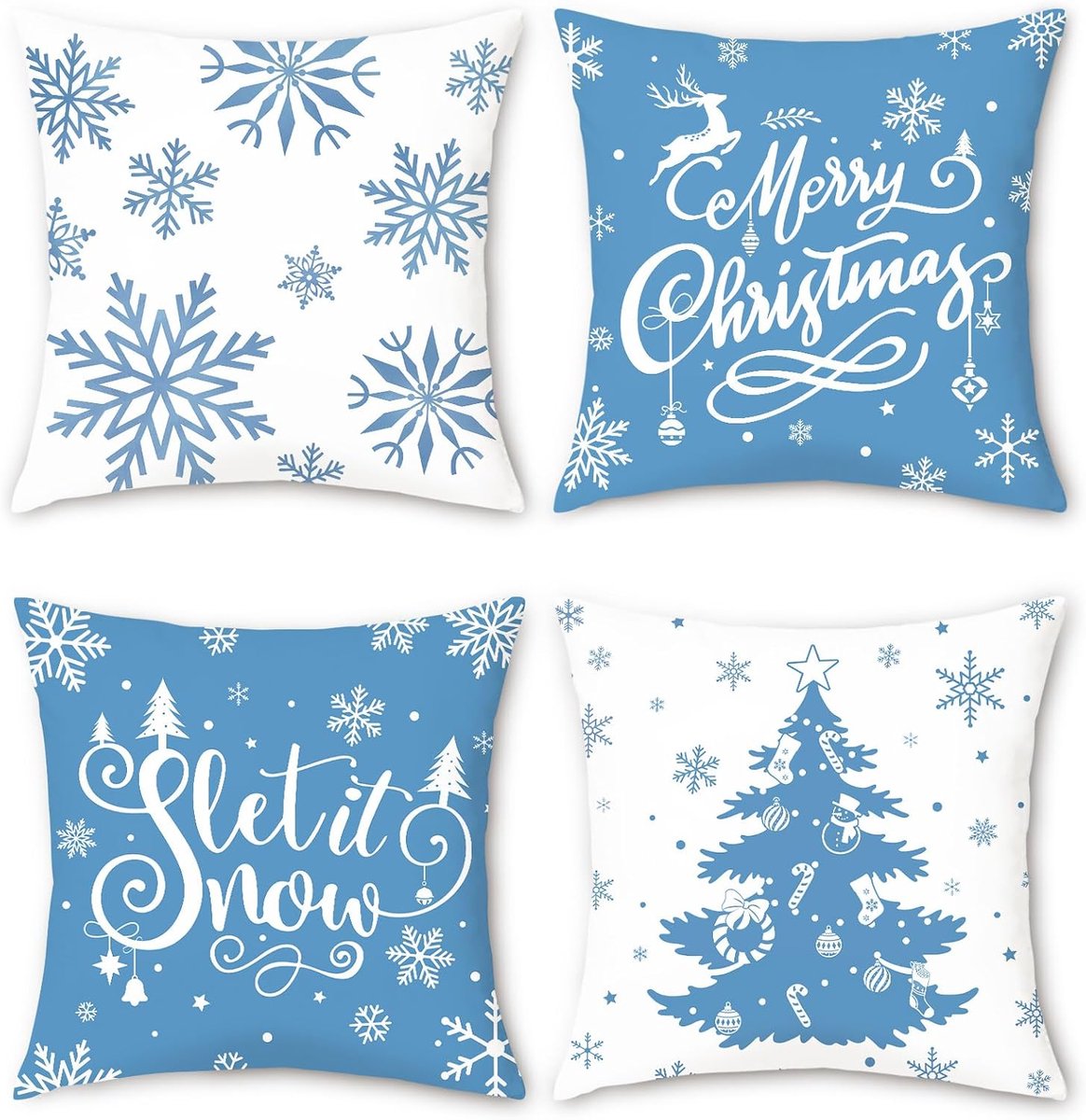 Kussenhoezen 45 x 45 cm - Fluweel - Blauwe kerstboom en sneeuwvlokken - Creëer een gezellige sfeer - ShopVlot