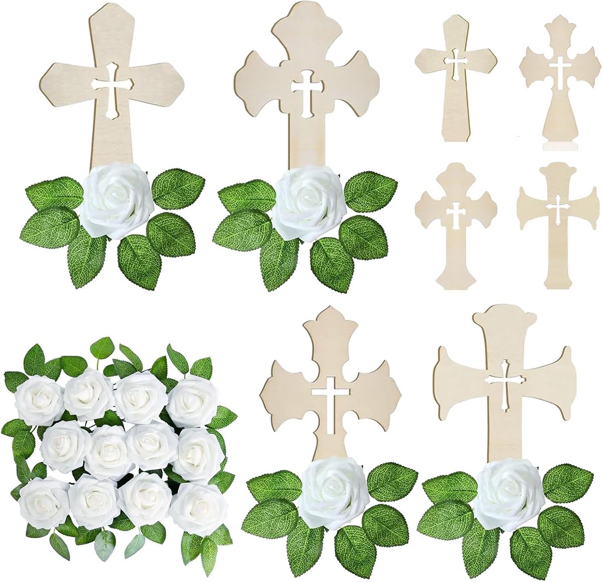 Houten kruis set - 12 stuks met witte rozen - kunstbloemen - perfect voor doop of communie - ShopVlot