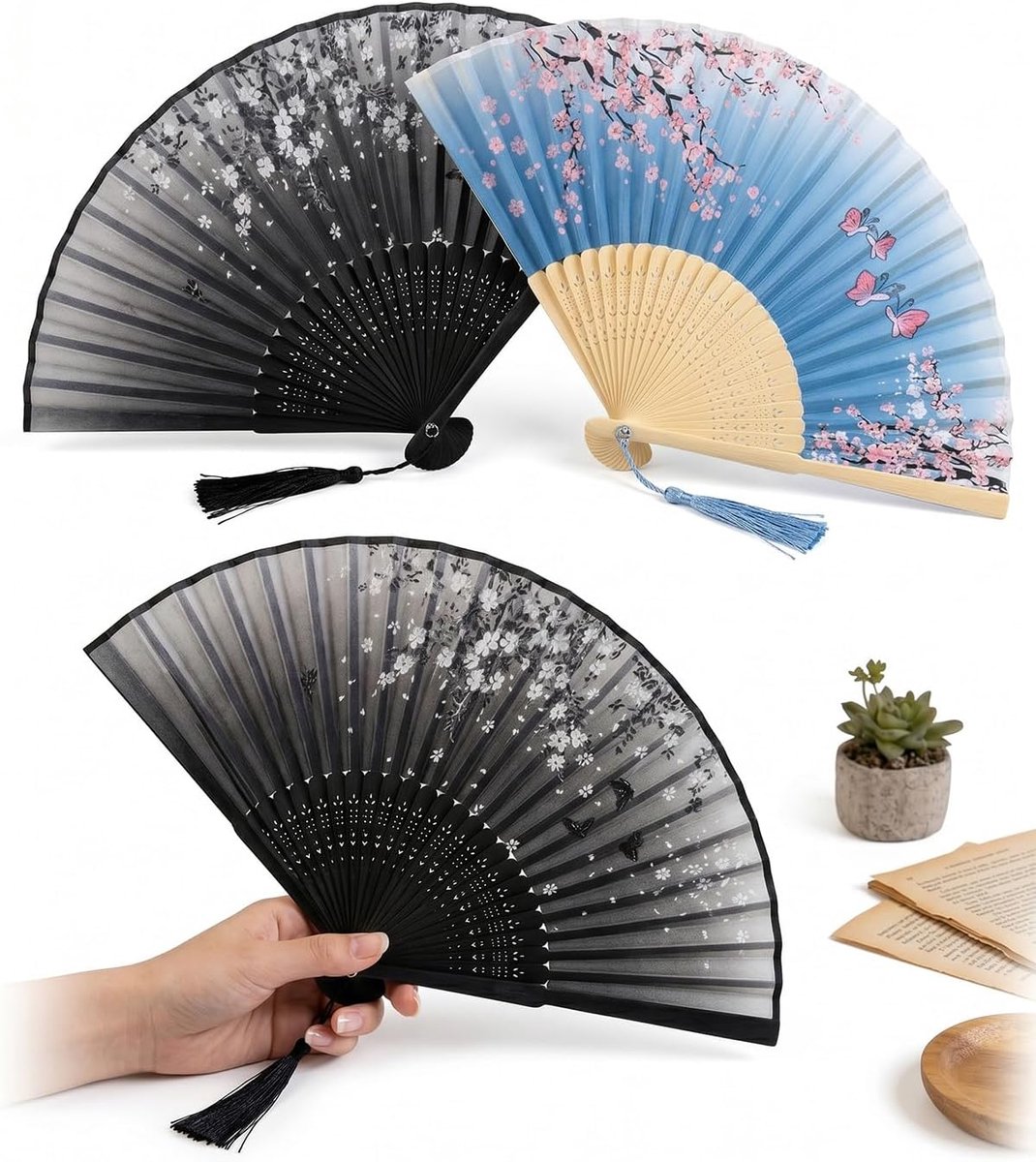 Opvouwbare handwaaiers 2 stuks - retrodesign - elegant pruimenpatroon - perfect voor zomerfeesten - ShopVlot