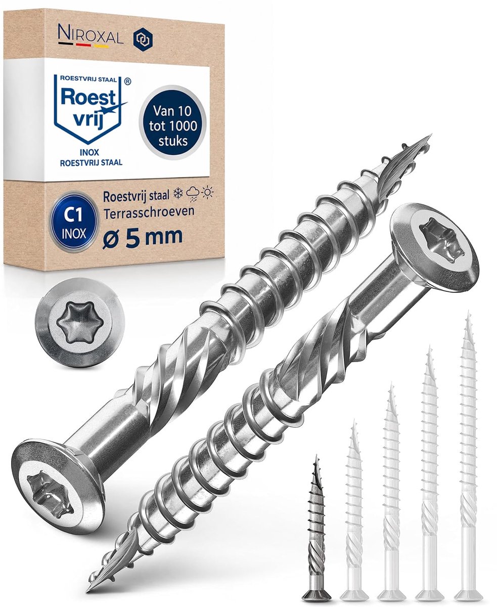 Terrasplanken schroeven 5 x 40 mm - C1 RVS - Torx 25 - perfect voor 16 mm decking - ShopVlot