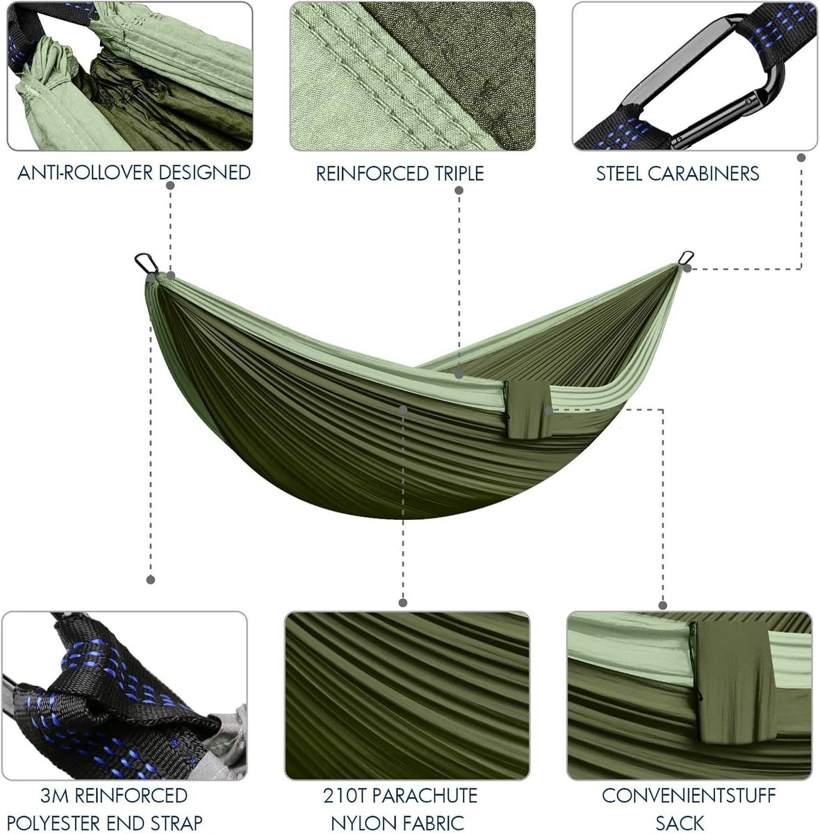 Hangmat - Groen - 300 x 200 cm - Ultralichte Draagbare Reishangmat tot 300 kg Draagvermogen - Voor 2 Personen